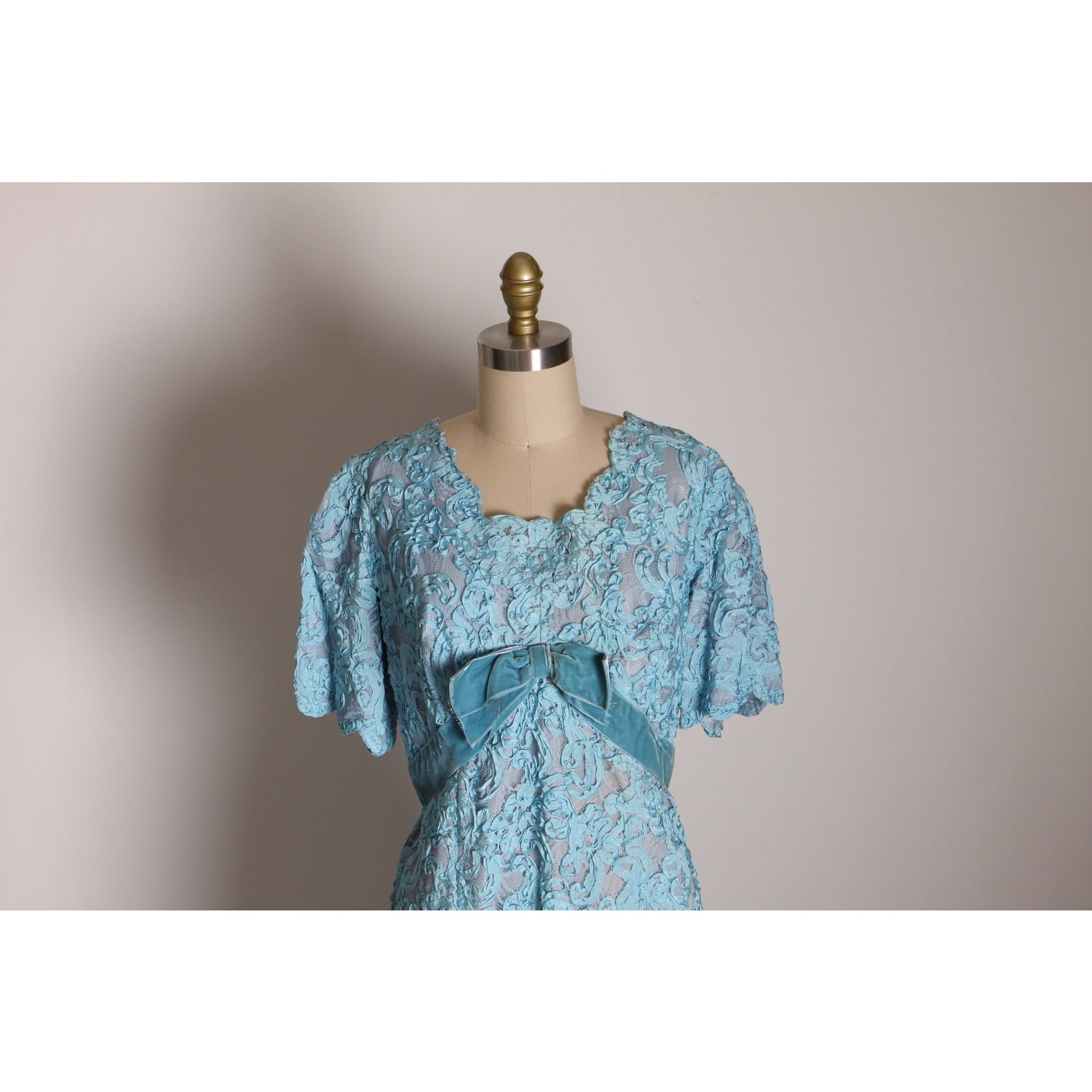 Early 1960s Blue Soutache Lace Formal Blue Velvet Bow Dress with Matching Jacket