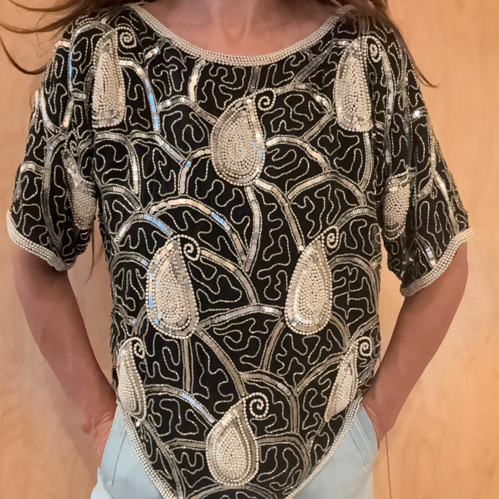 Vintage 80s Silk Beaded Blouse Statement Top Black Silver Pearl Sequins Sz S/M