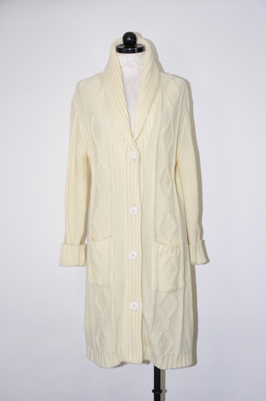 70s Cream Fisherman Cable Knit Shawl Duster Long Cardigan Sweater Coat Women M L