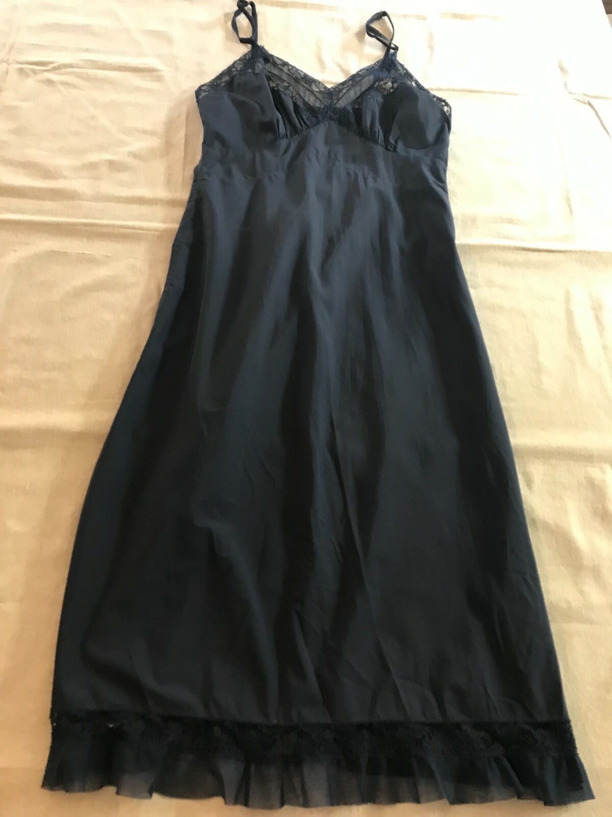 Vintage 1940s Rhythm Lingerie full slip navy blue with lace bodice and hemline