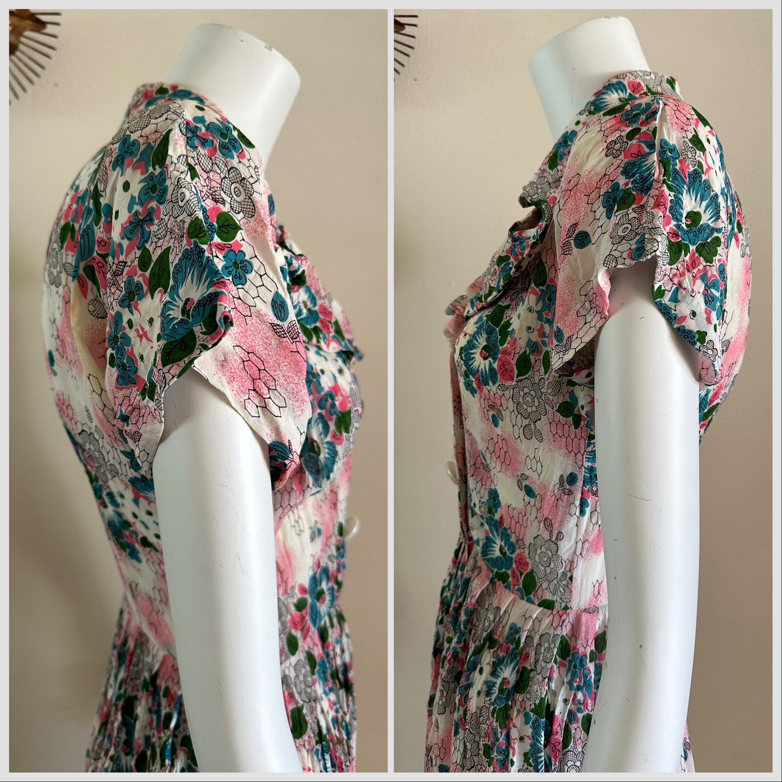 Vintage 1940s Floral Crepe Day Dress Big Collar Novelty Print Pink Blue Small