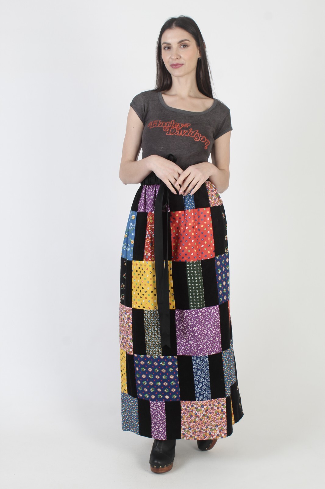 Vintage 70s Blk Mr Hank Patchwork Skirt Quilt Square Cottage Prairie Hippie Maxi