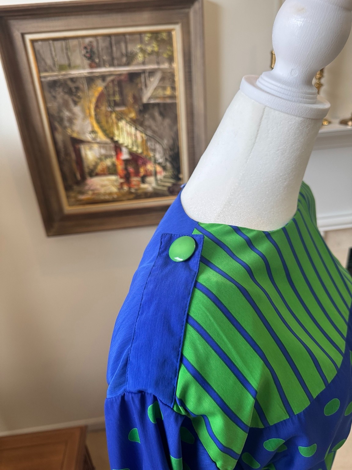 Vintage 80s Danielle Paige Blue Green Polka Dot Pant Set Washable Silk Made USA