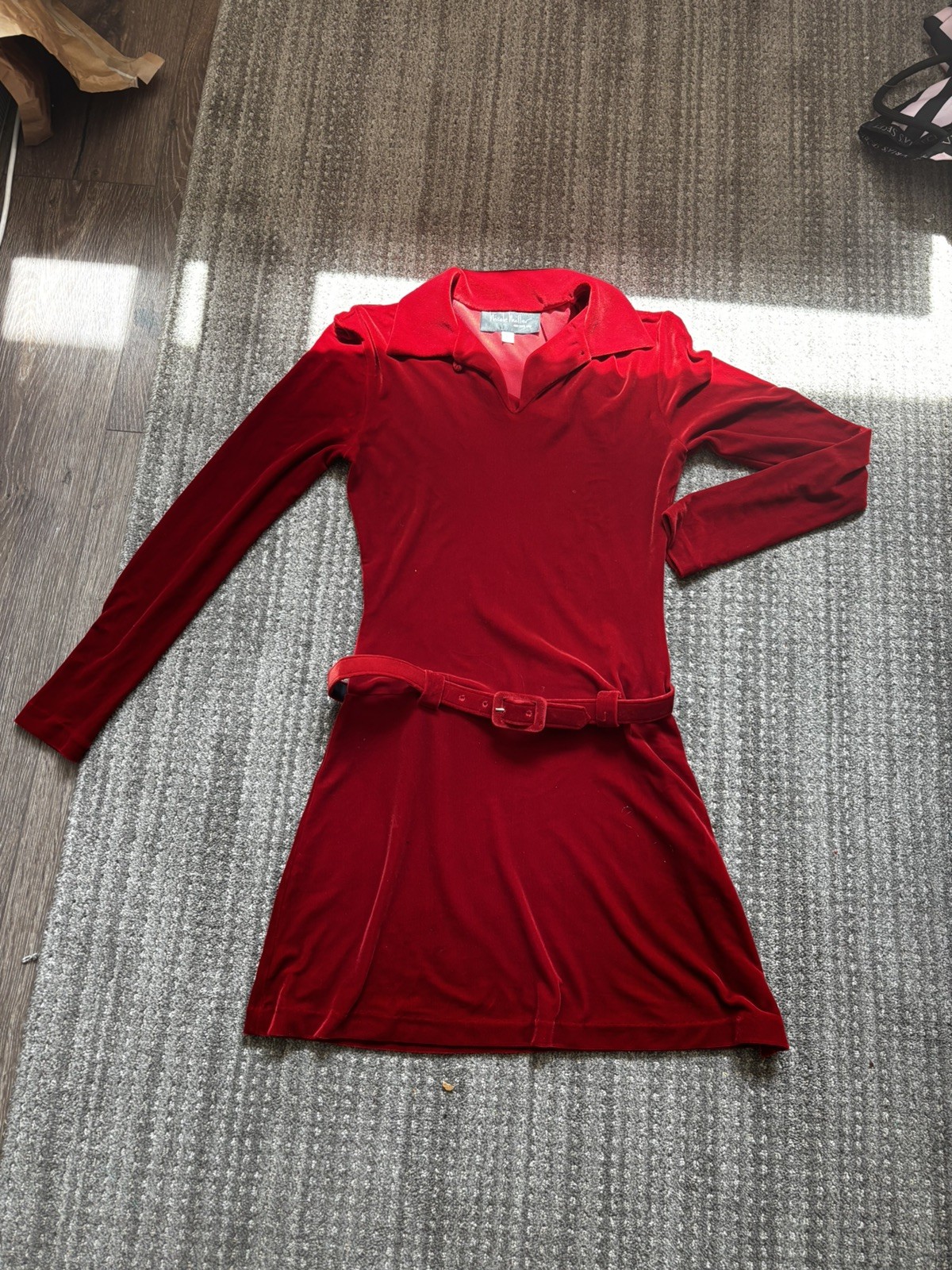 Vintage Nicole Miller long sleeve belted red velvet mini dress 90’s office siren