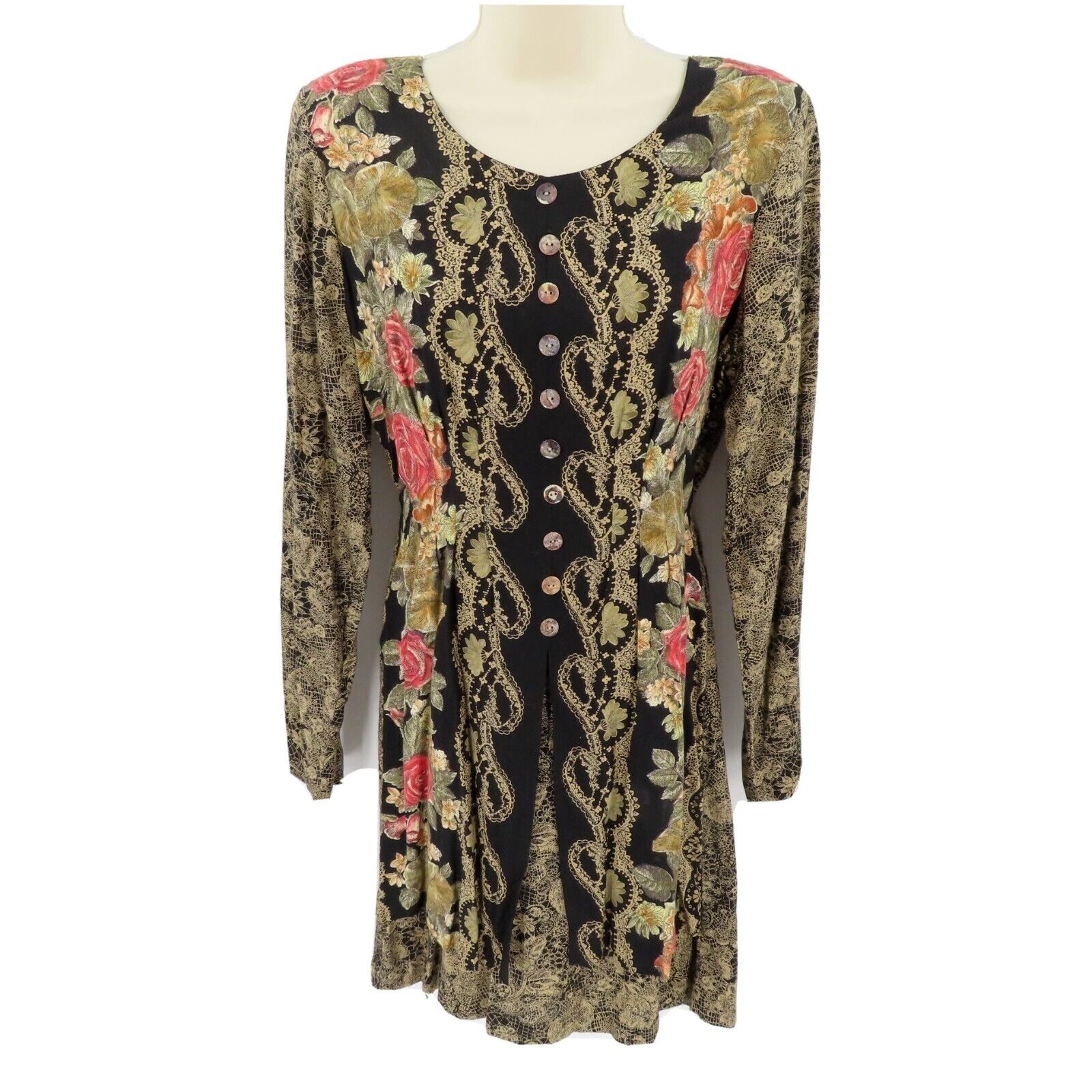 VTG Dawn Joy Womens 7/8 Floral Flower Lace Print Button Long Sleeve Dress Boho