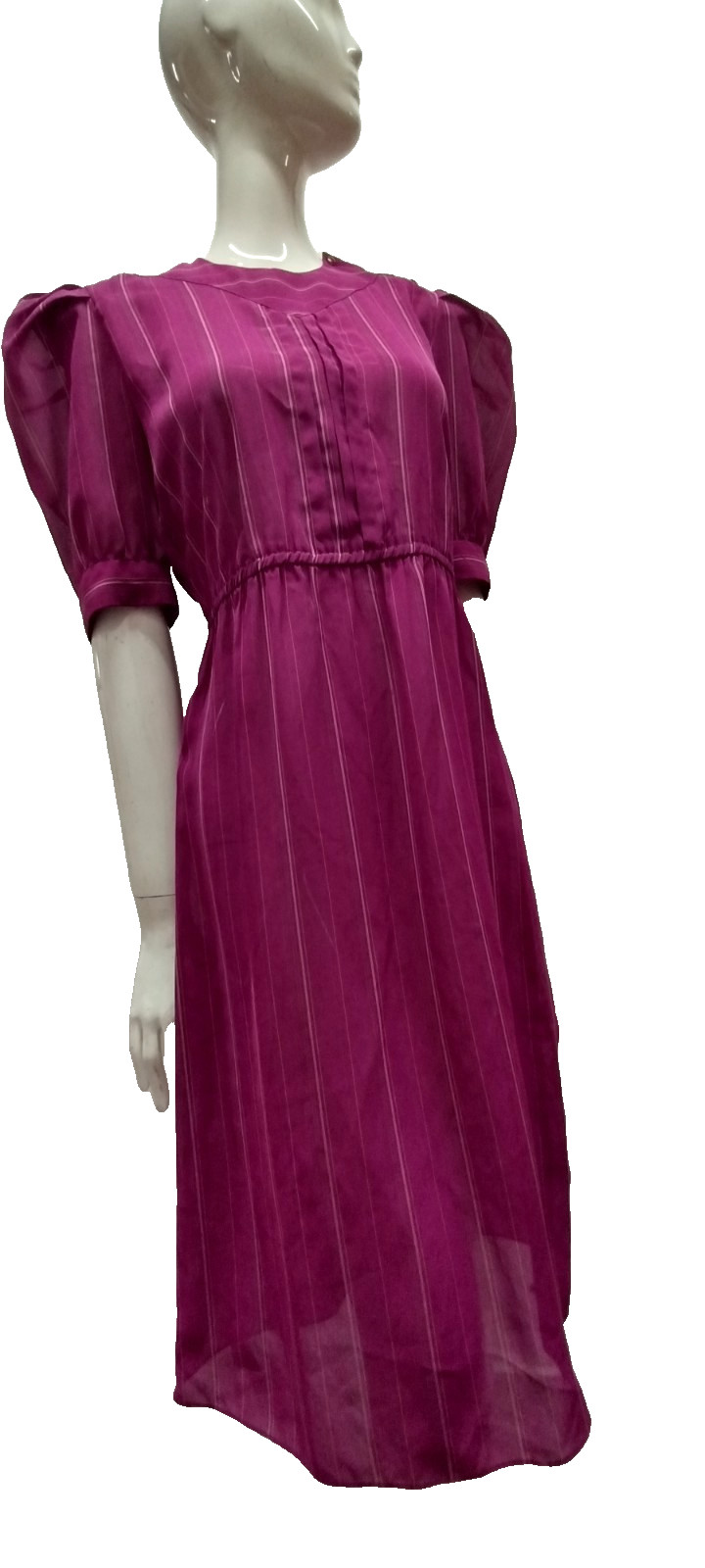 70s 80s Dress Pink Fuchsia Stripes Sheer Short Puffy Sleeve 40s 3/4 Sleeves M
