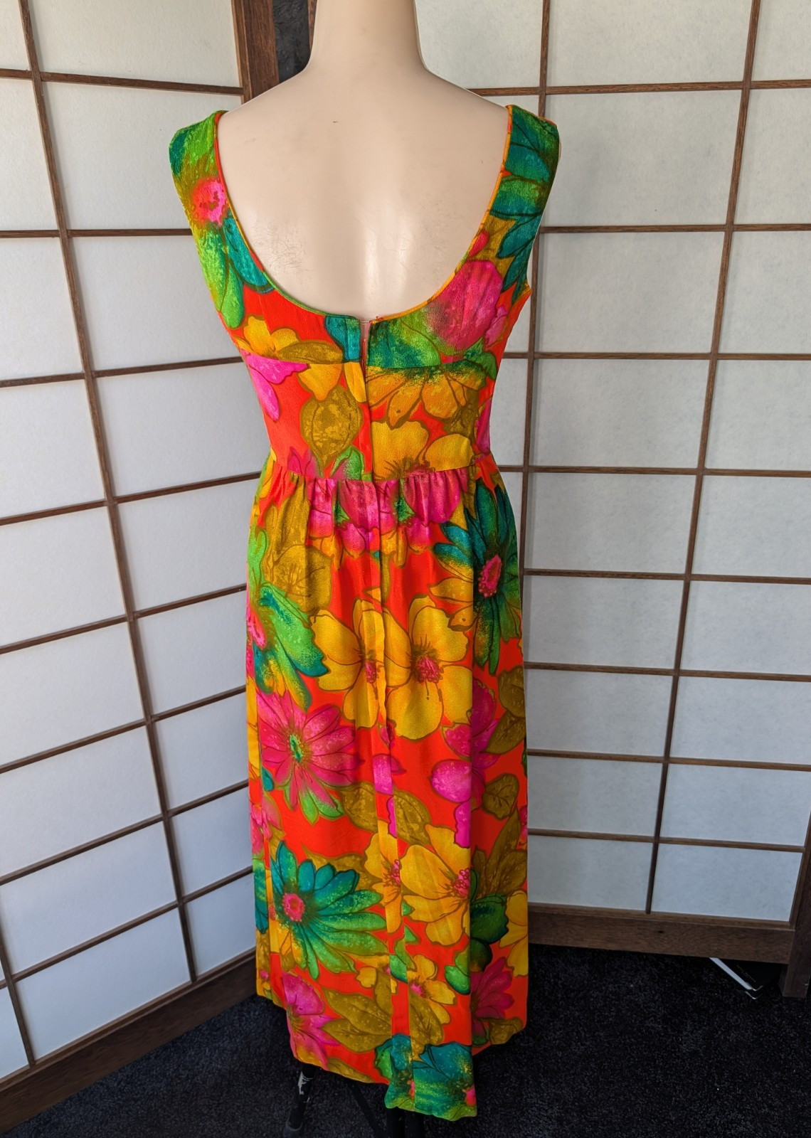 Vtg McInerny By Sydney Hawaiian Dress MuuMuu Maxi Midi Barkcloth Sz XS Day Glo