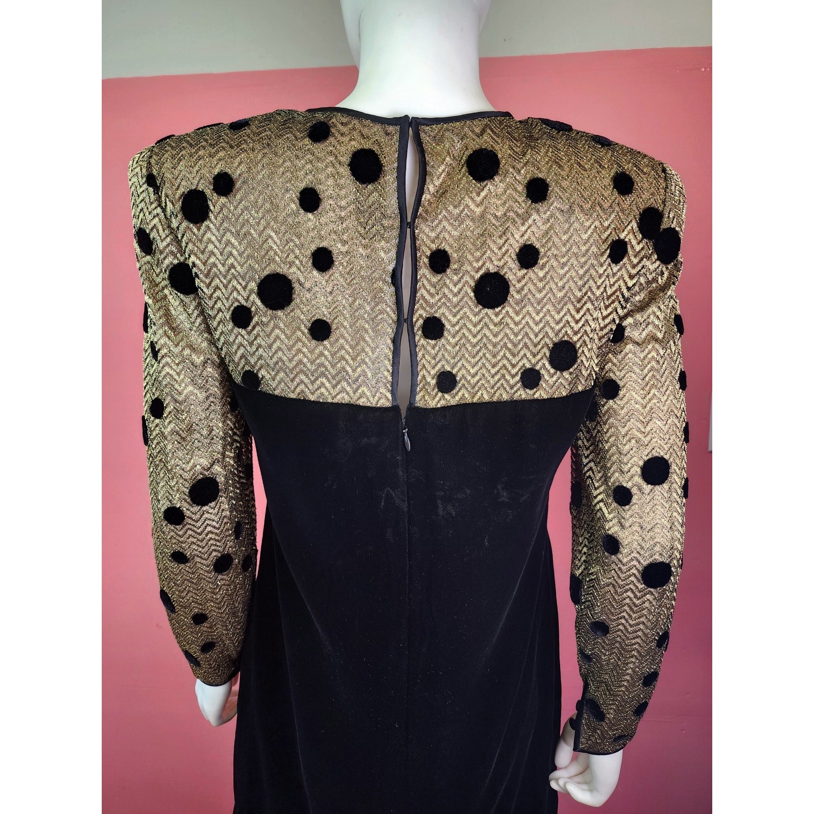 Vintage 1980’s Black Velvet Metallic Gold Polka Dot Long Sleeve Cocktail Dress