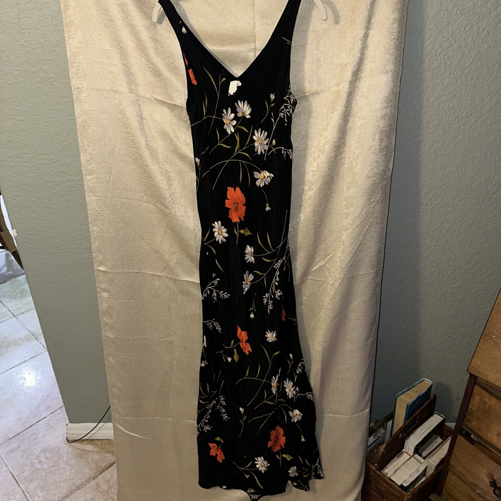 Vintage brand tag missing Black Floral 100% Rayon maxi sz 12 fully lined quality