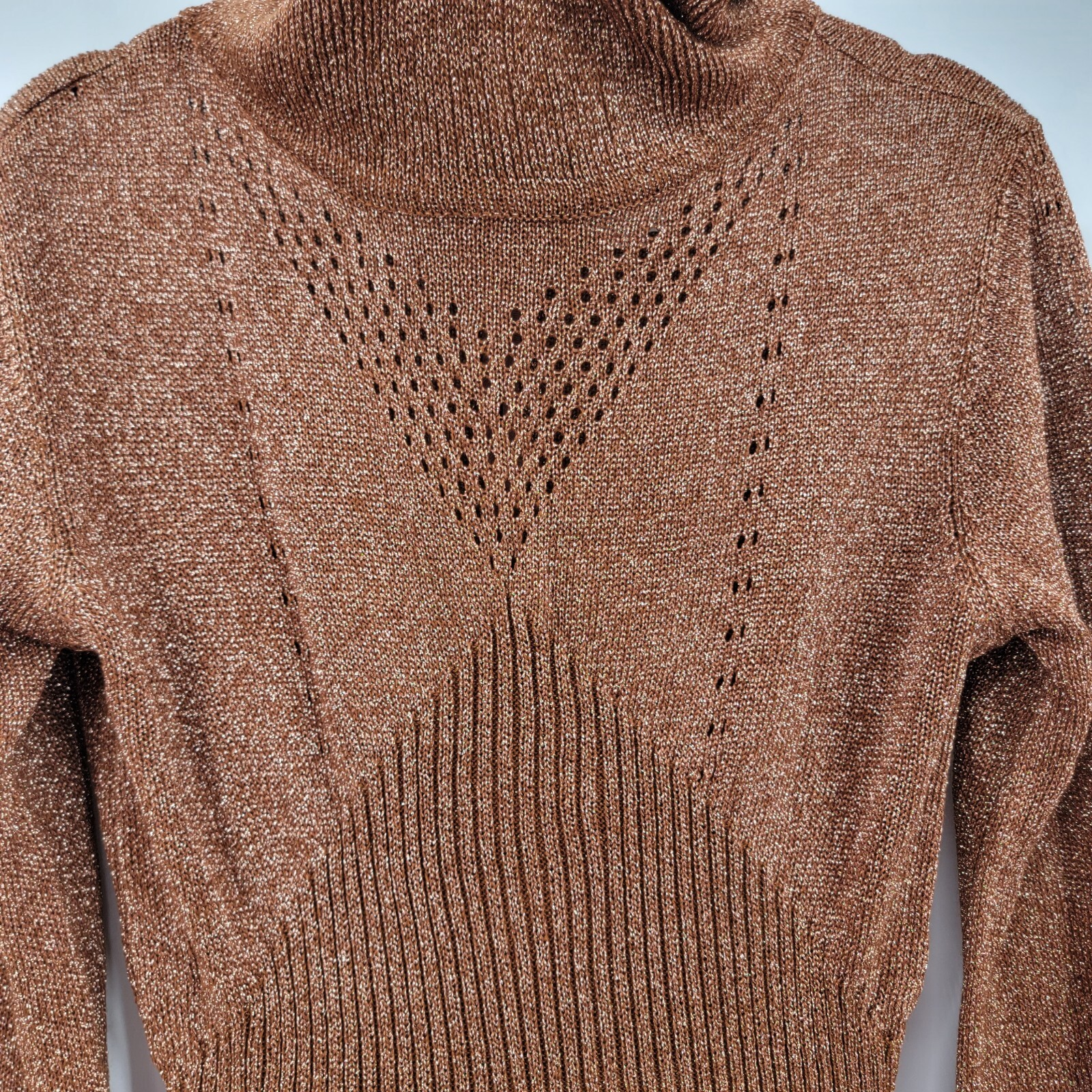 Vtg 70s Disco Wenjilli Sz 15/16 Copper Gold Metallic Knit Maxi Dress Cowl Gown