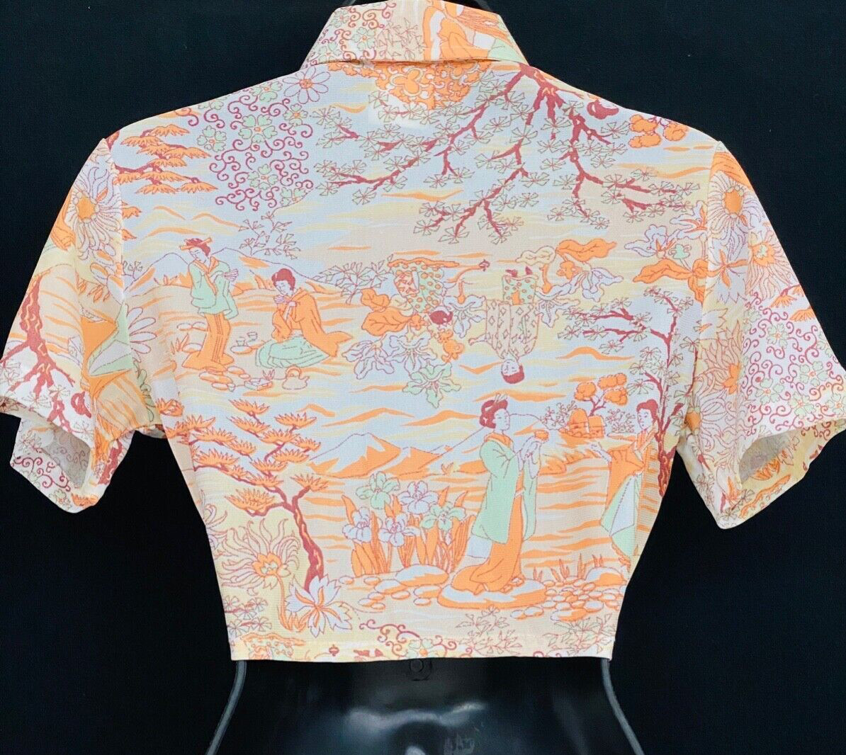 Vintage 1970s novelty print crop top geisha ladies white orange blouse tie waist