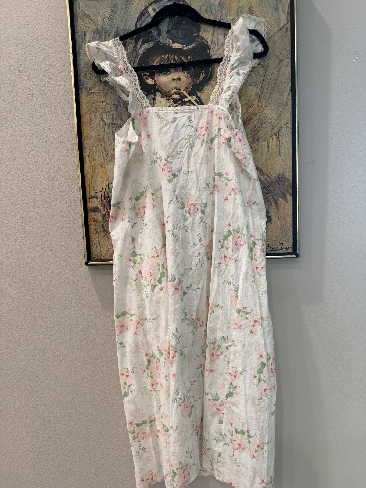 Vintage Laura Ashley Cotton Floral Nightgown Medium Pink Roses Lace Trim