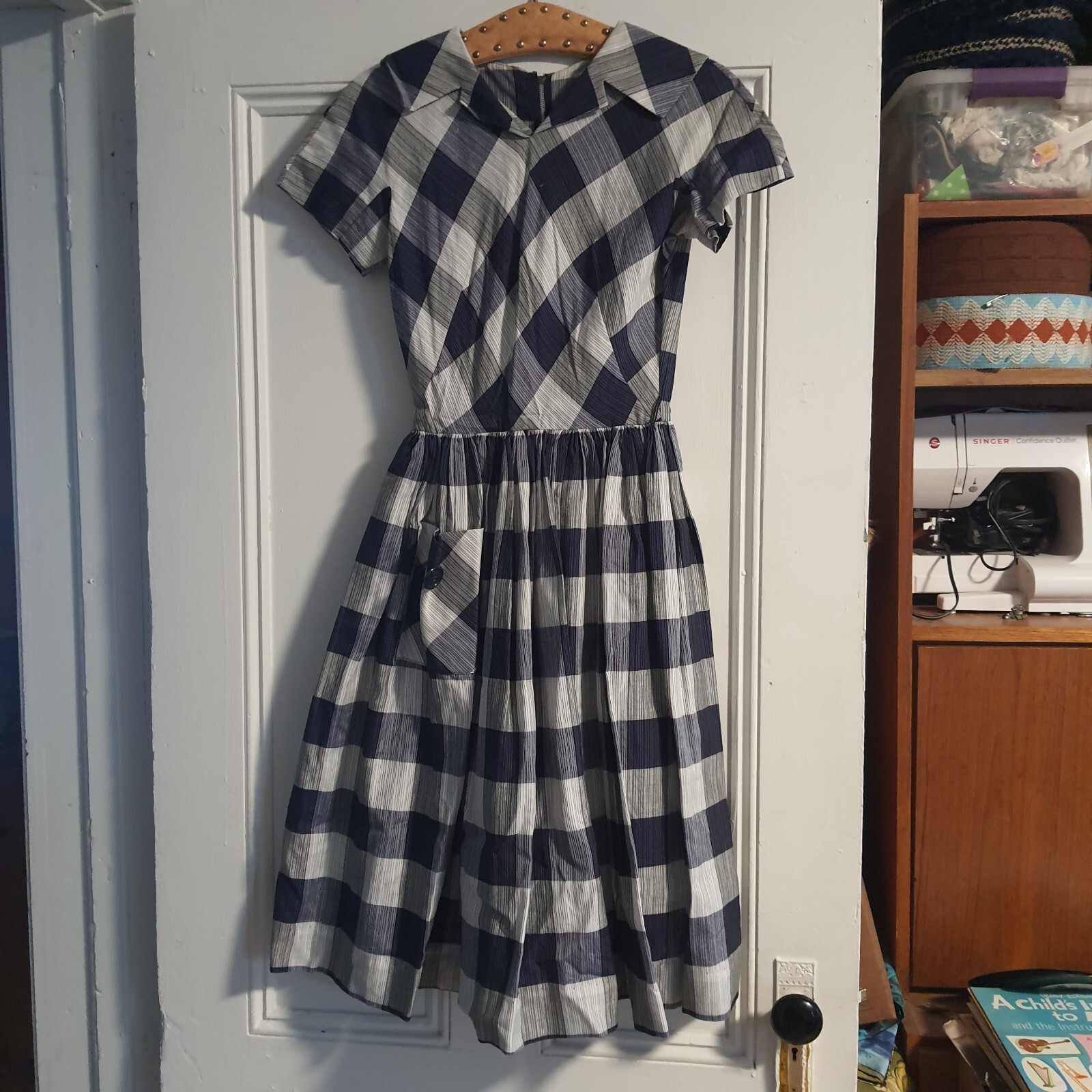Vintage Gay Gibson 1950s Blue & White Gingham Fit N Flare Union Made Midi Dress