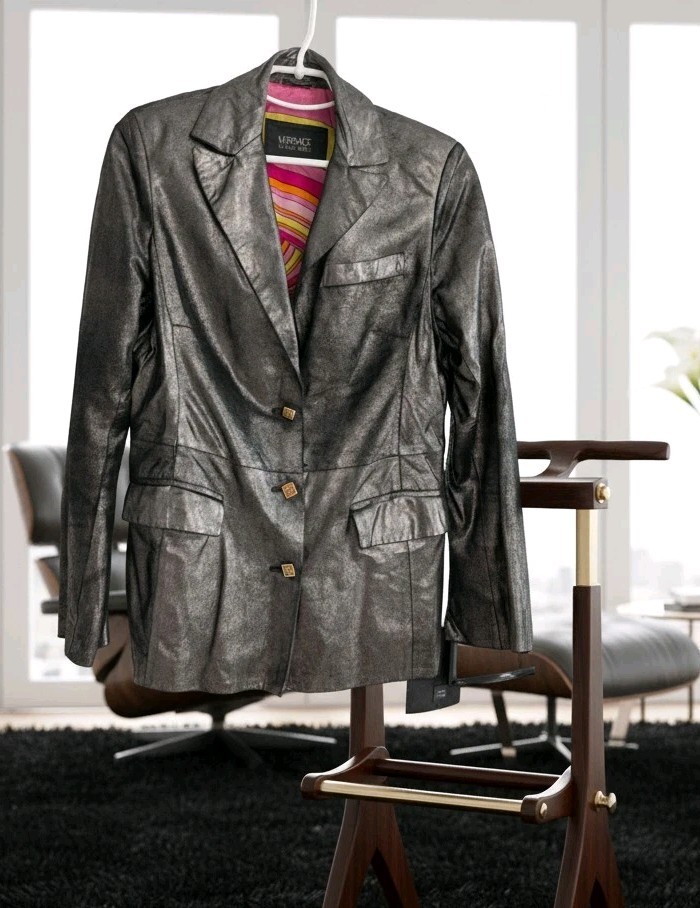 Versace Classic V2 Soft Shiny Leather Jacket Blazer Iridescent Metallic Gray M