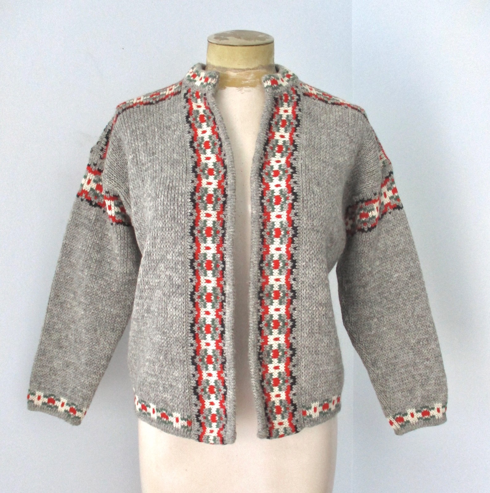 Vtg Dirdalstrikk Gray Red Green Geometric Norway Cardigan Sweater Open Front 12