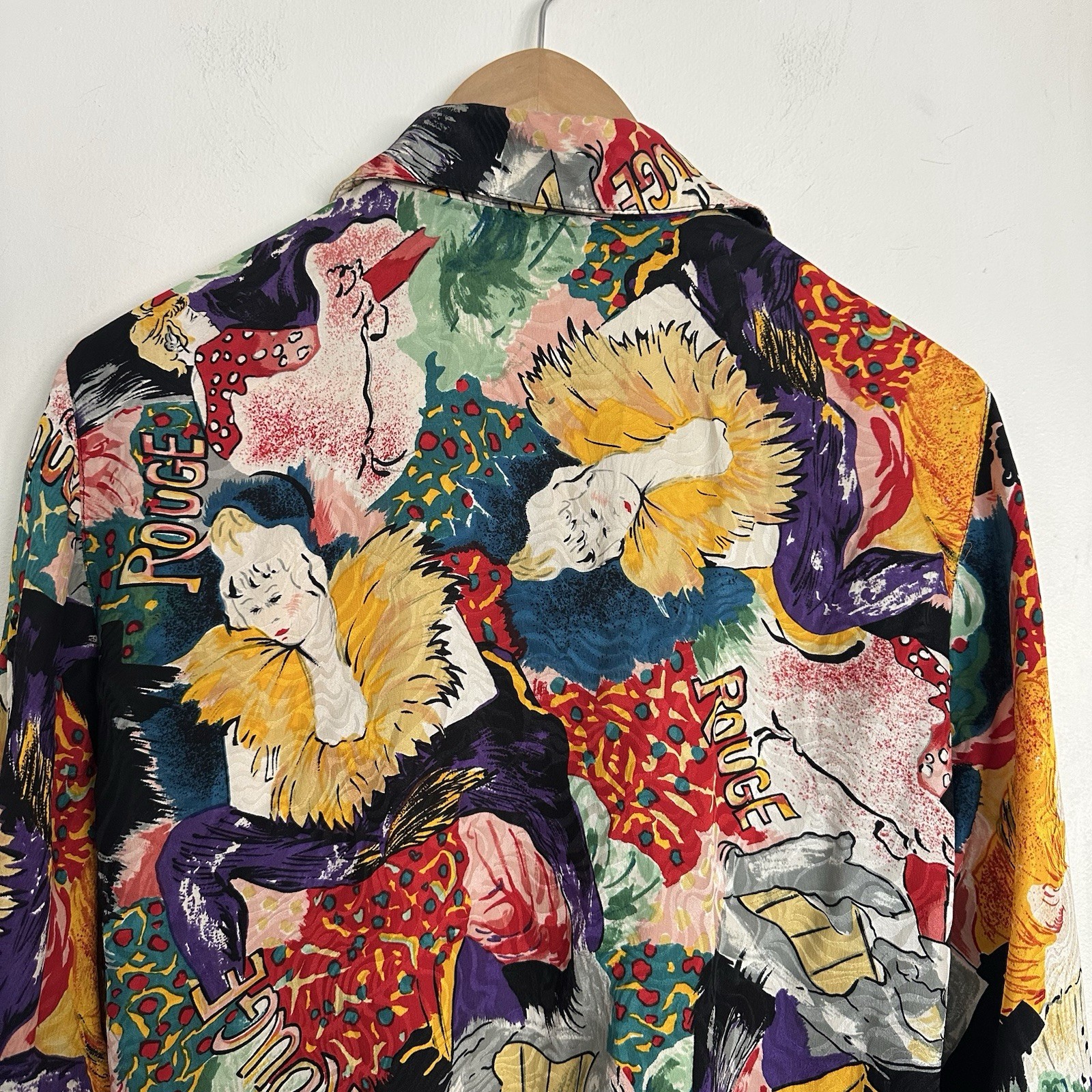 Vintage 80s Jerri Sherman Collection Silk Colorful Moulin Rouge Blouse Size 8