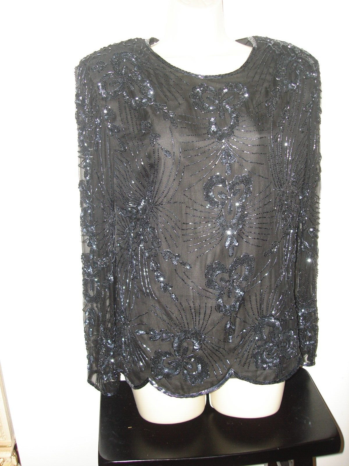 Vintage Unique Nice STENAY EVENING Black Silk Beaded Cocktail Long Sleeve Top L