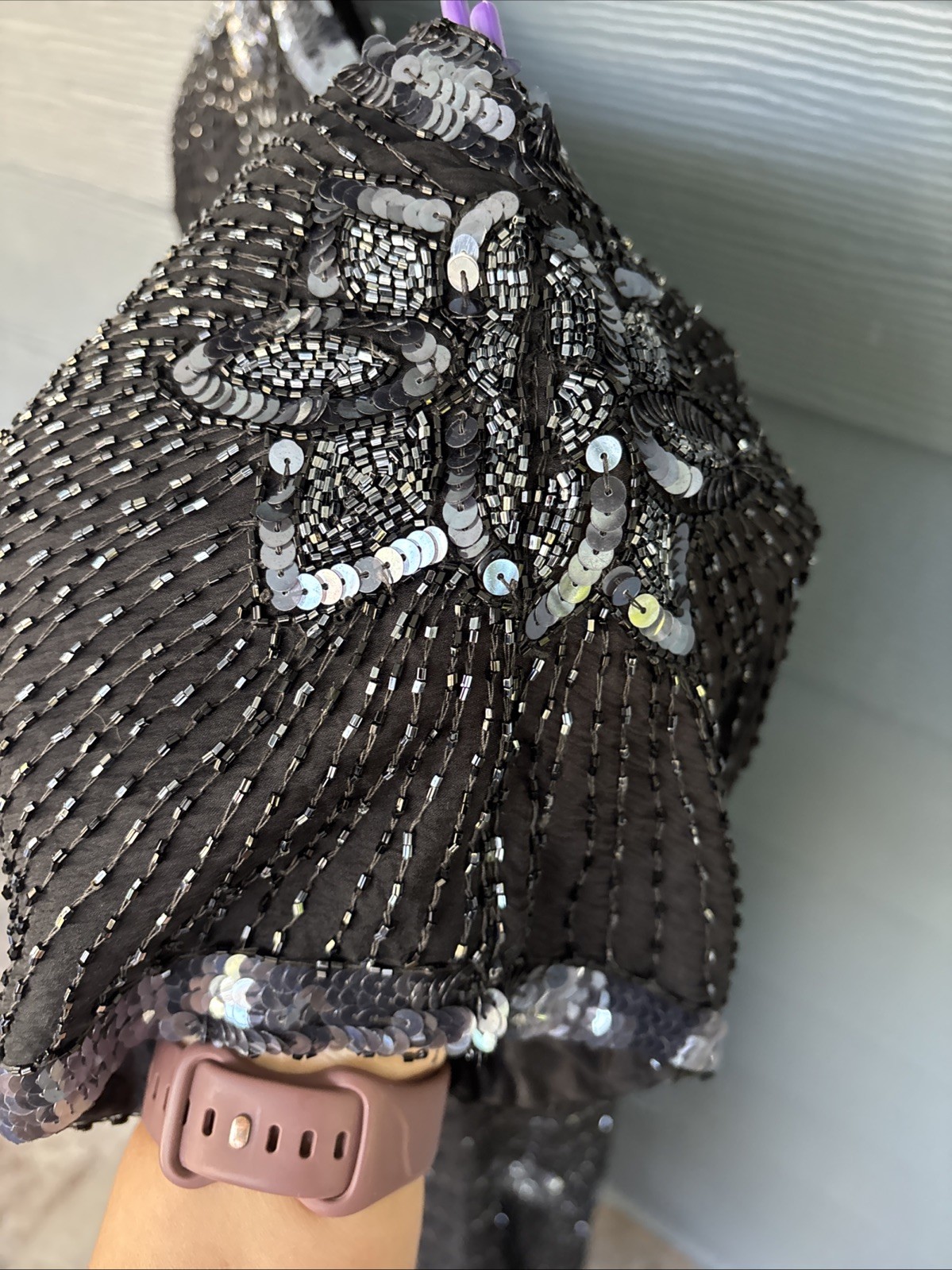 Vintage John Charles London Evening Gown Dress, Black Beaded Sequins, Size US-6