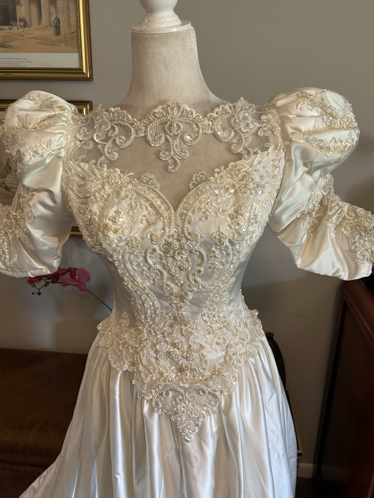 Vtg 80s Ivory Satin Beaded Bride Wedding Dress Short Sleeve Long Train Size 14