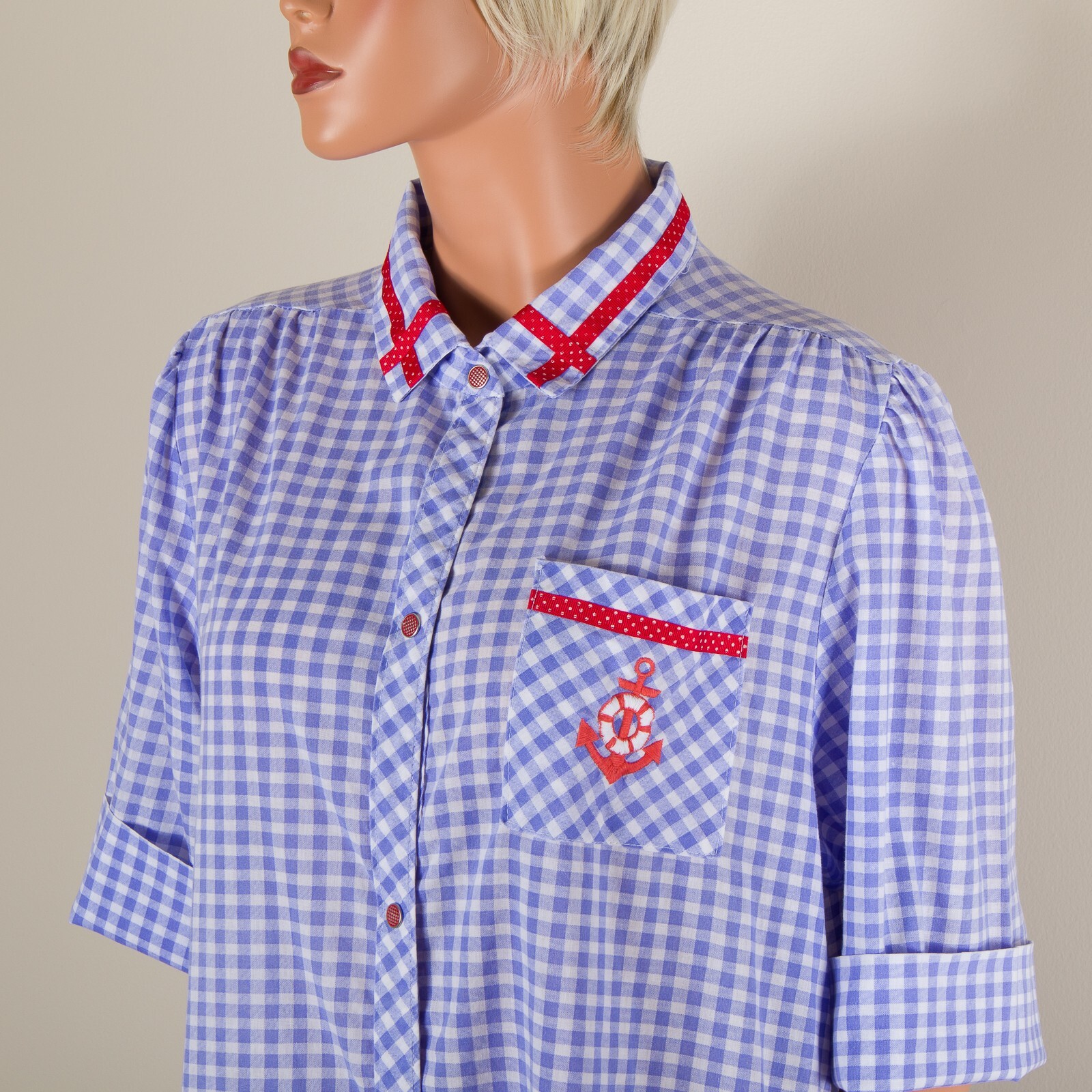 💖 SMART TIME Size M Blue Gingham Robe Housecoat MuMu Snap Pockets Red Trim