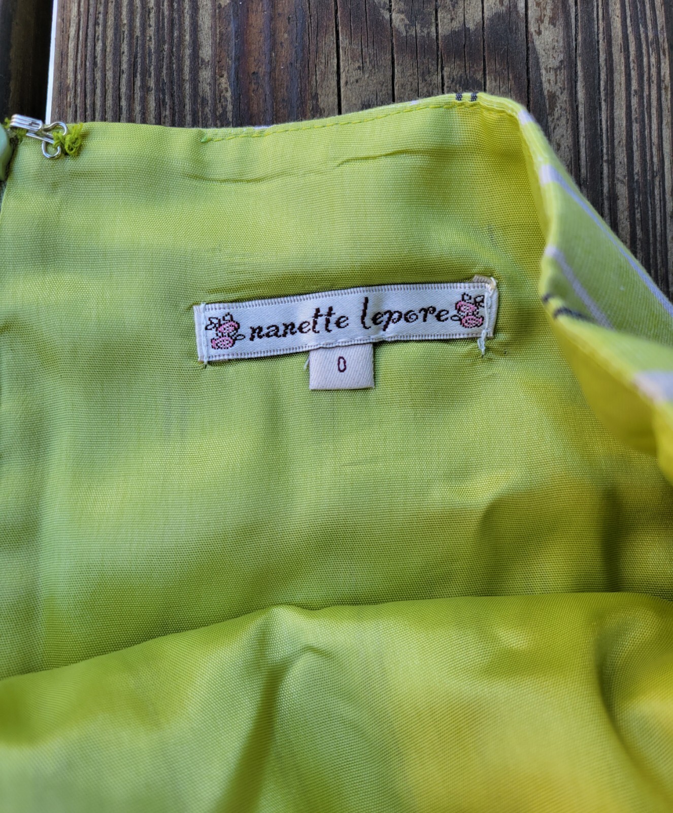 Nanette Lepore vintage 00s skirt suit jacket lime green stripe whimsy retro 0