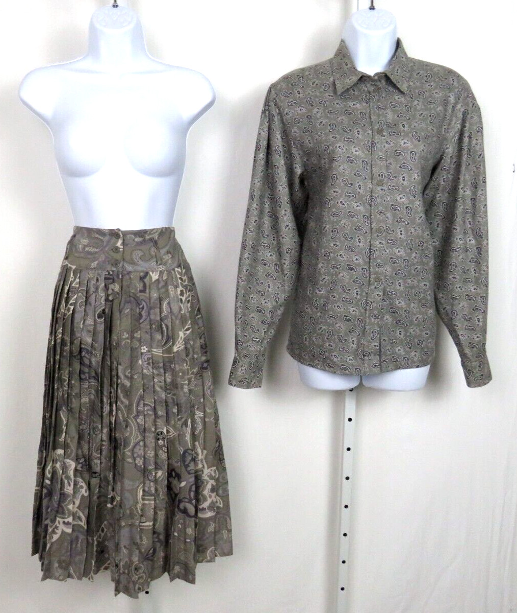 VTG 1980s MONDI SIZE 34 PAISLEY GRAY SKIRT & BLOUSE SET COTTON MODAL BLEND