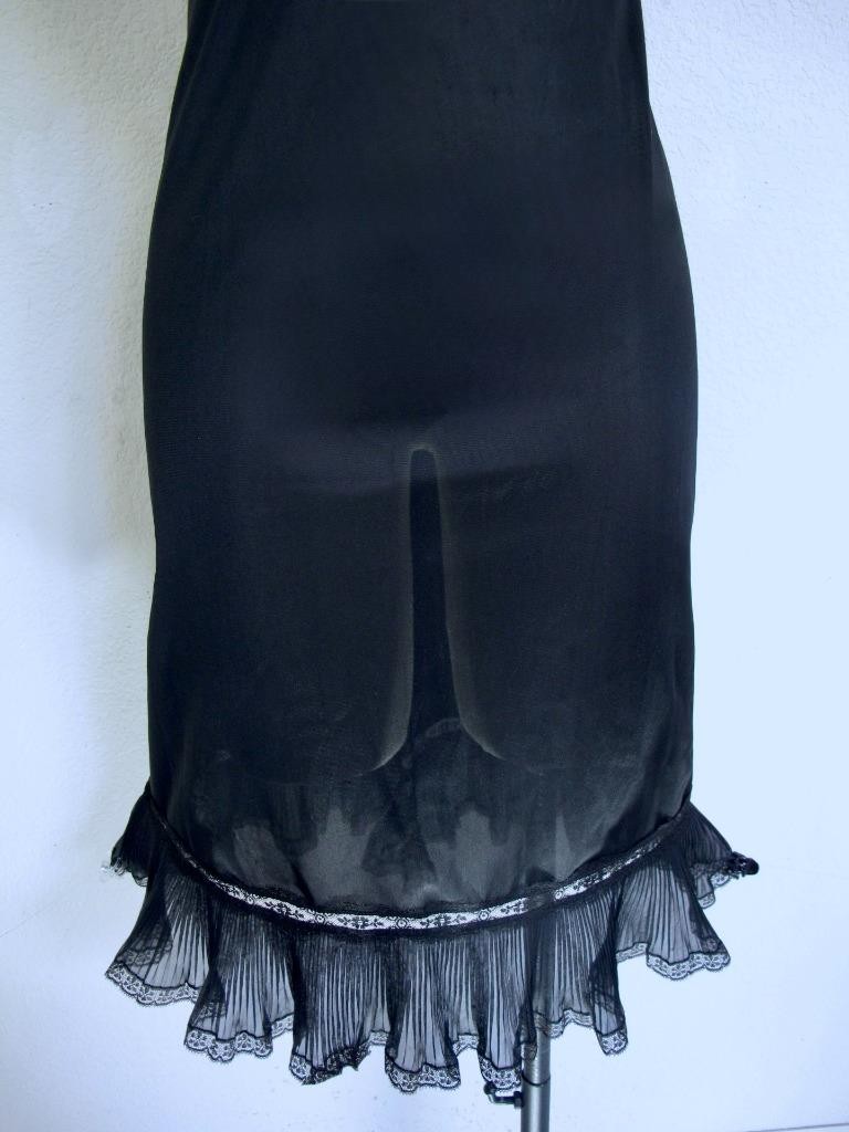 Vintage Youth Form Black Nylon Opaque Full Slip 36 Chiffon Crystal Pleats Ruffle