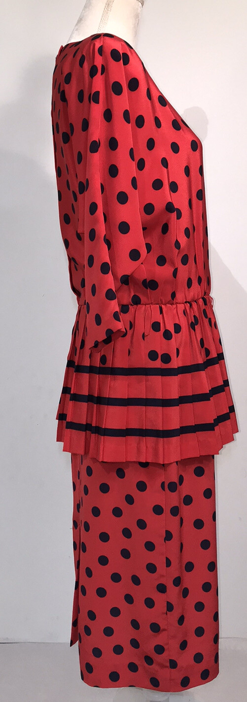 Vintage Blake Elizabeth Red Navy Blue Polka Dot Peplum Skirt Set Women’s Size 10