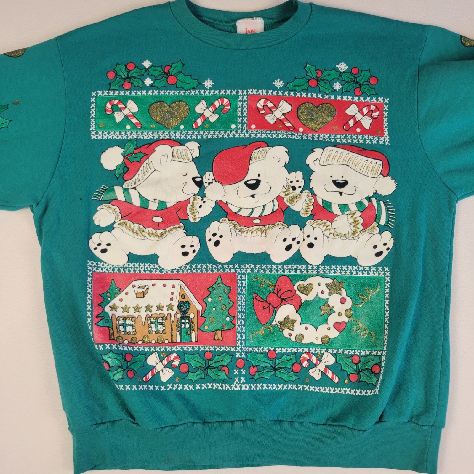 Vintage 1990s Green Kitsch Holiday Bears Sweatshirt Women’s Large Jane Colby
