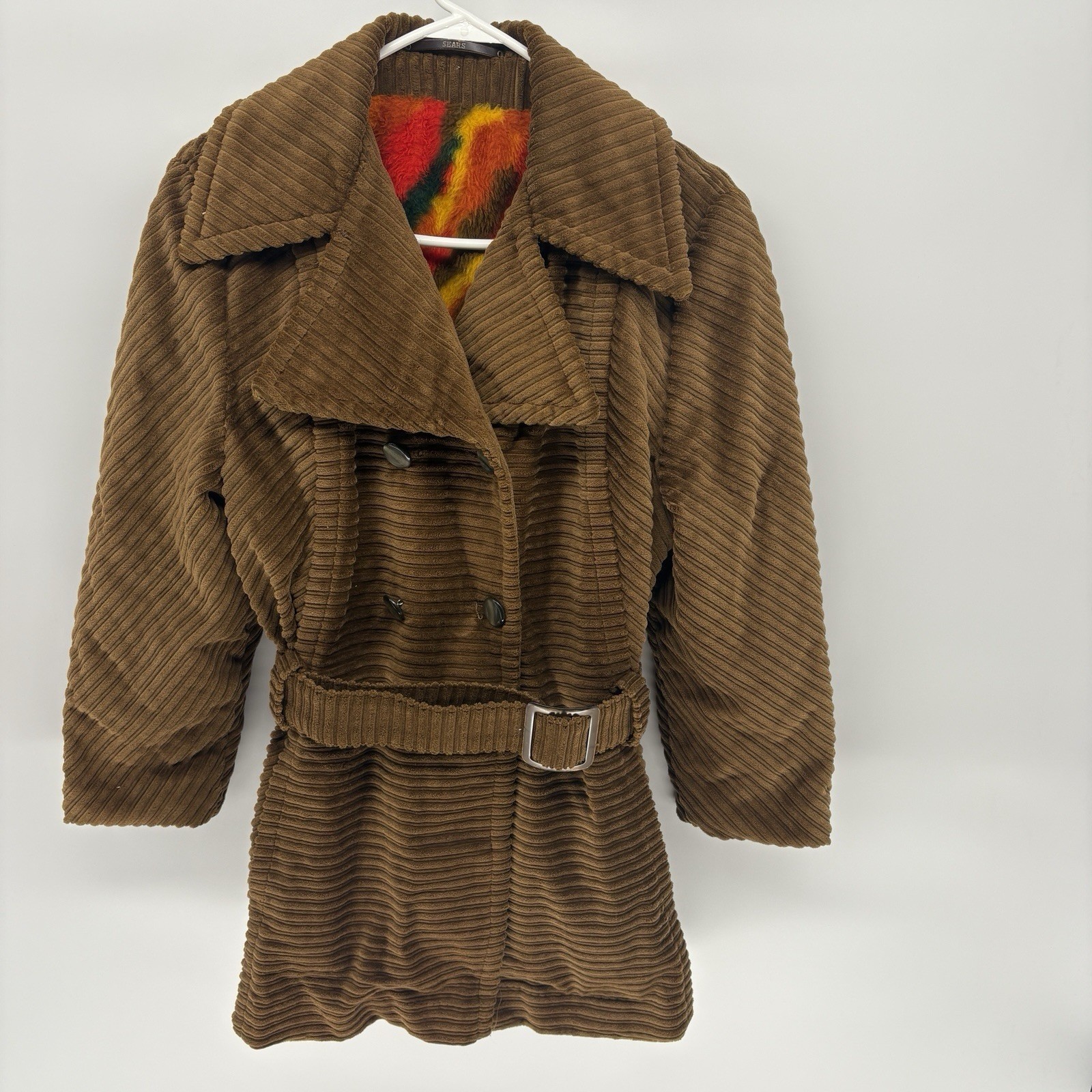 Vintage Sears Double Breasted Corduroy Jacket Belted Mid Length Hippy Women XL