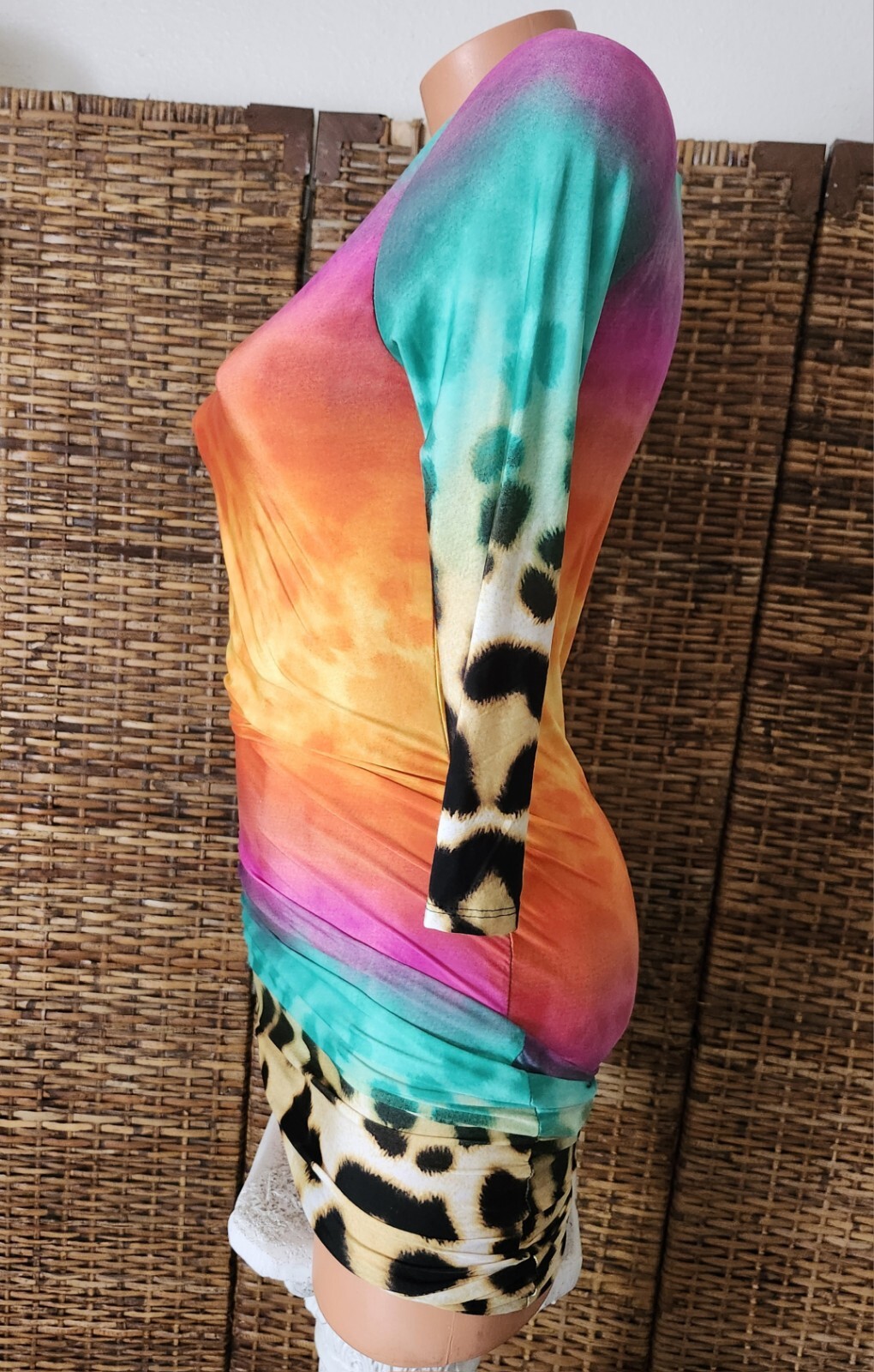 Vintage Audition Y2K Sunset Jungle Rainbo Stretch Body Con Party Mini Dress Sz M