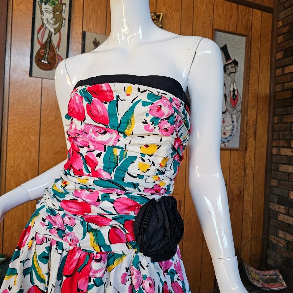 Vtg 1980s Strapless Tulip Floral Cocktail Garden Party SATC Prom Tea Dress S/M