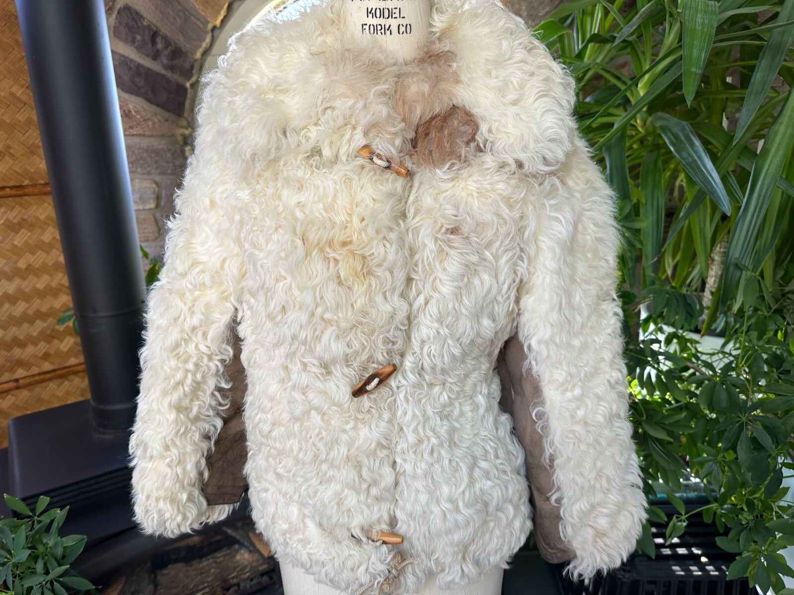 Vintage 1970s Ivory and Brown Curly Mongolian Lamb Jacket Wooden Front Toggles