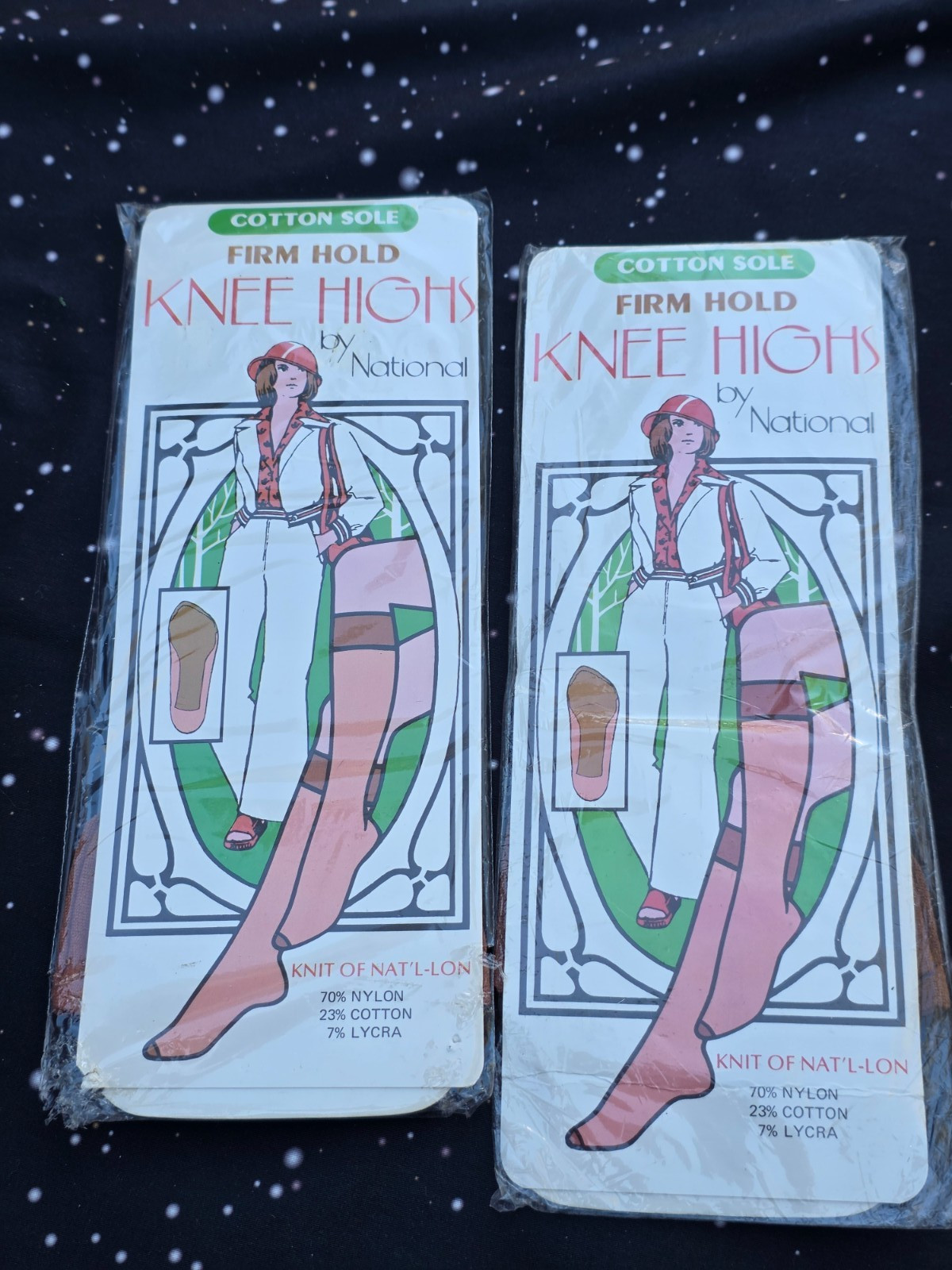 2 Vintage Beige/Tan Knee Highs by National COTTON SOLE FIRM HOLD Sealed NOS USA
