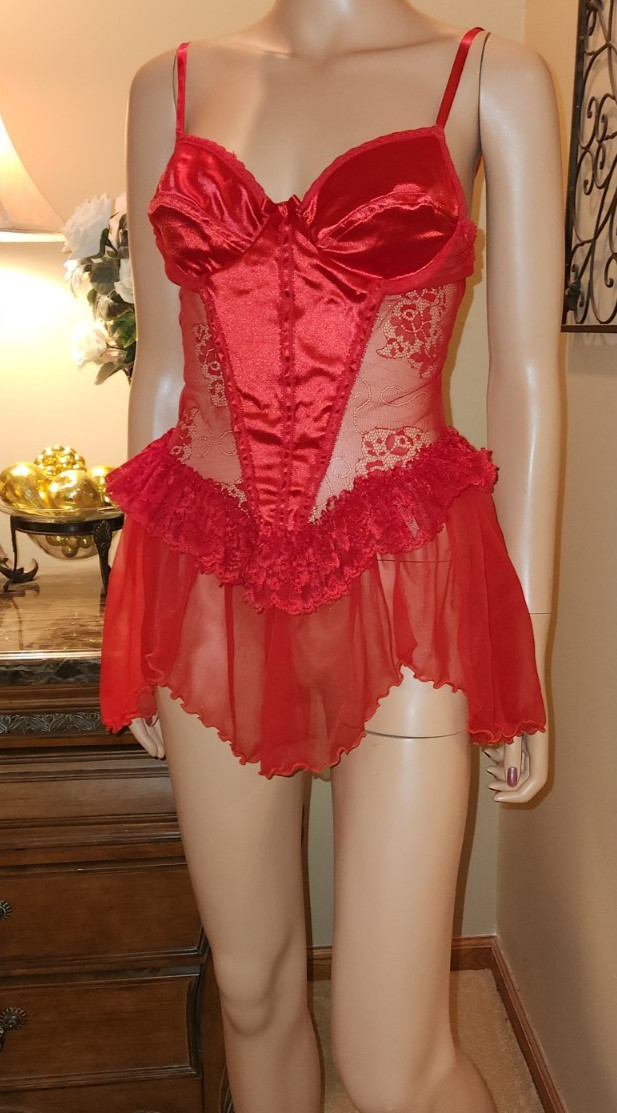 Vtg Silky Red Satin & Chiffon Babydoll Corset Style Underwire Bra Nightgown M