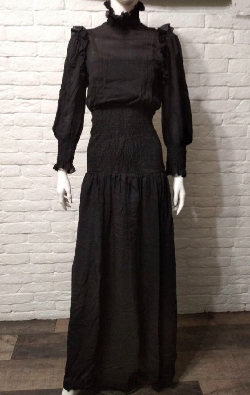 Vintage Gina Fratini 1970s Black Silk Maxi Dress Open Back Romantic England Rare