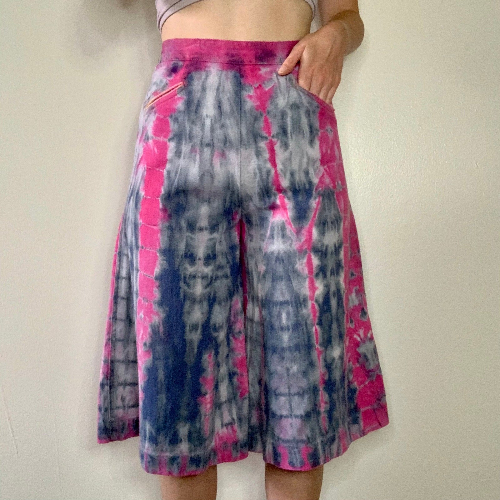Unique Hand Dyed Vintage Shorts Culottes Blue & Pink Reverse Shibori Tie Dye