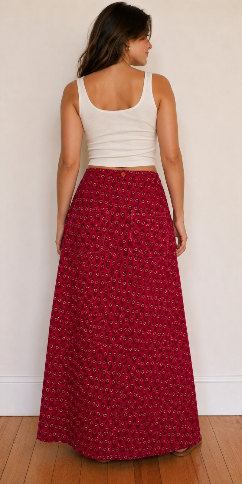 1970s India Imports of Rhode Island Cotton Floral Block Print Maxi Wrap Skirt XS