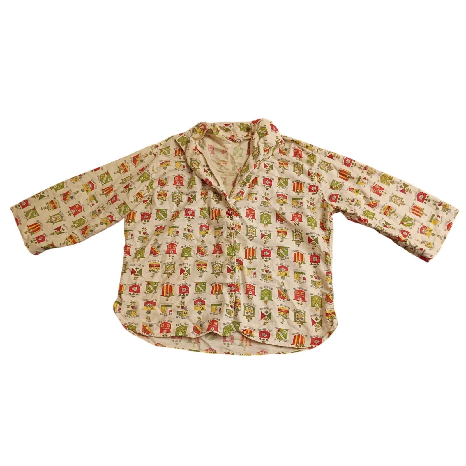 Adelaar Vintage Novelty Print Shirt Women Medium Cream Heraldic Crest 3/4 Sleeve