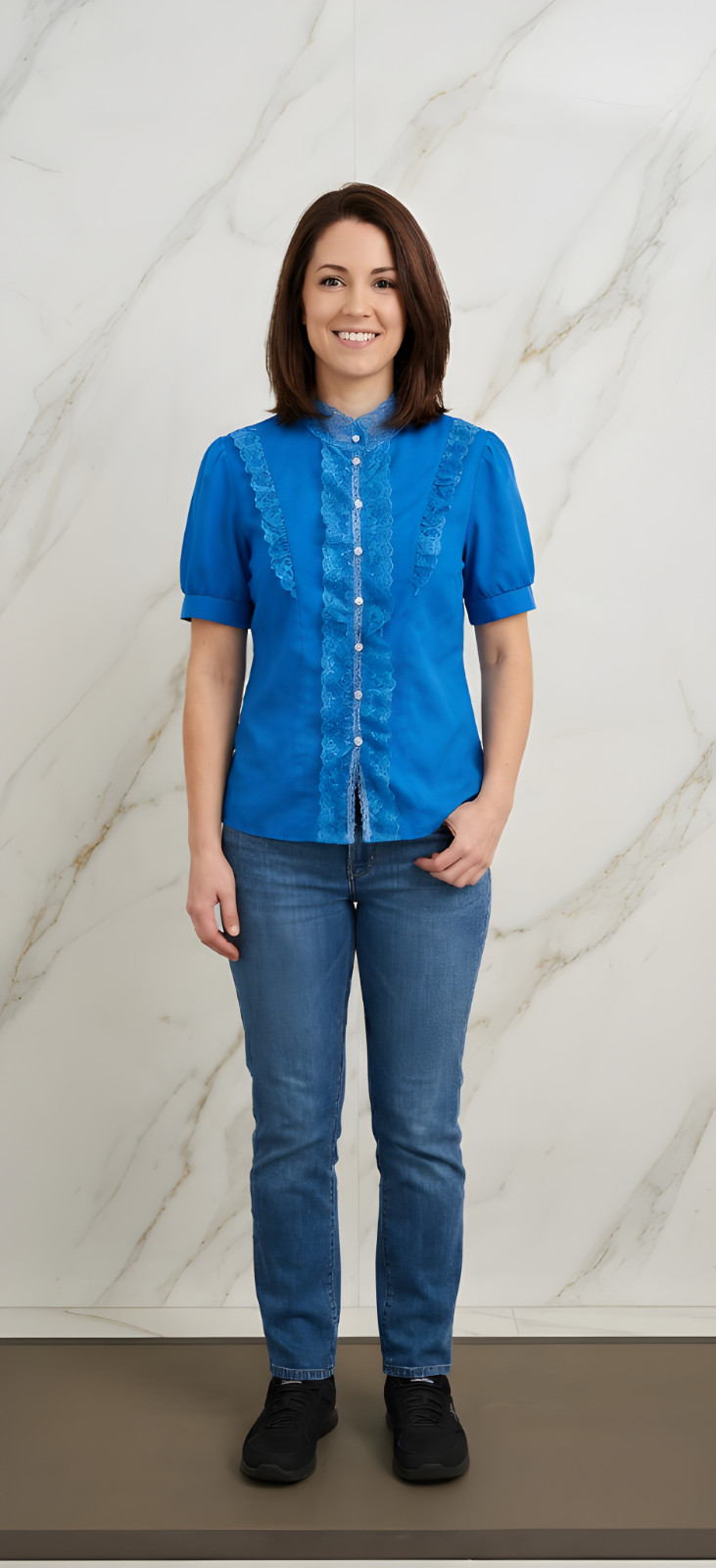 VINTAGE Chain Gang Electric Blue Short Sleeve Blouse L | Lace Ruffle Trim RARE