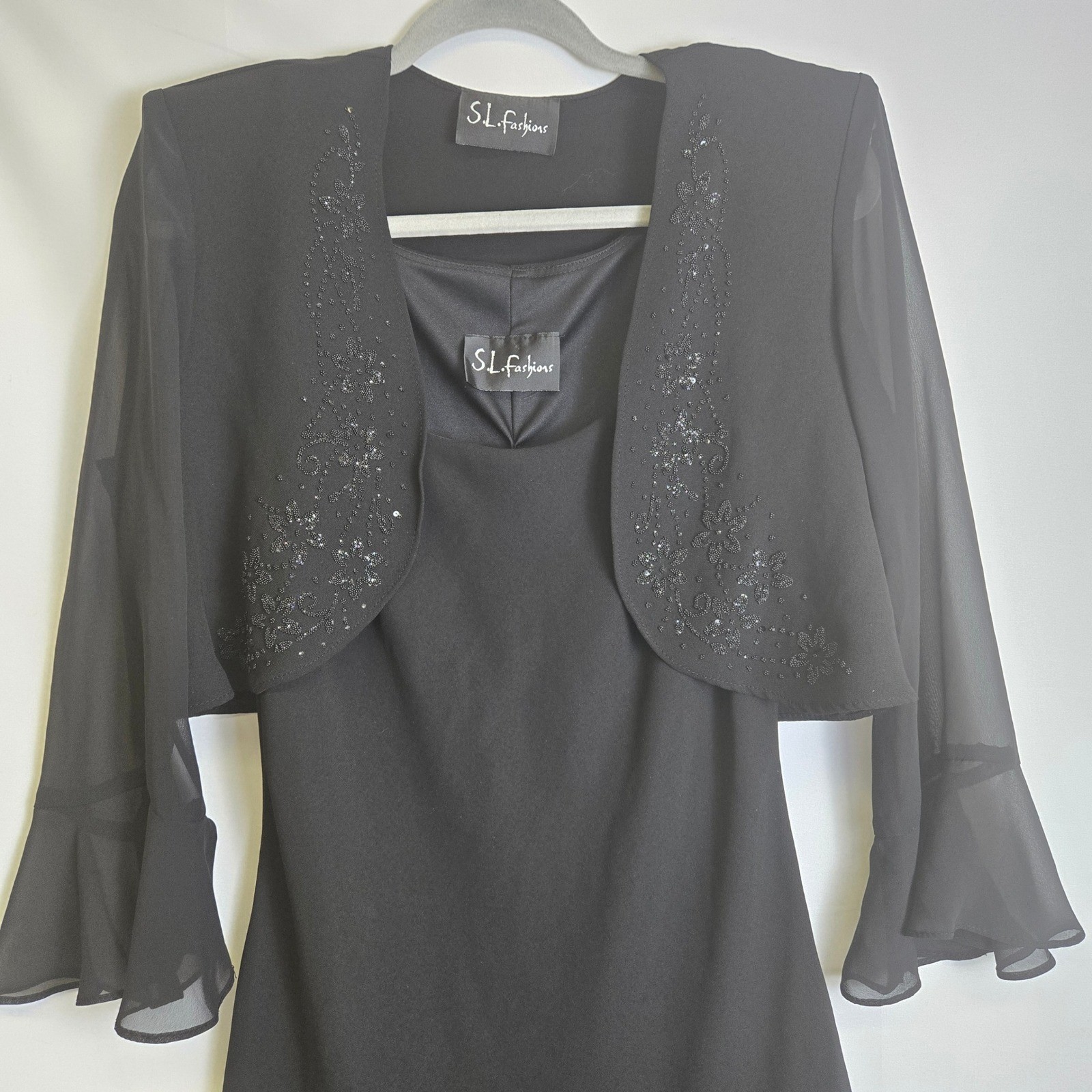SL Fashions Evening Dress & Bolero Jacket Black Sequin Embellished 2 VTG READ