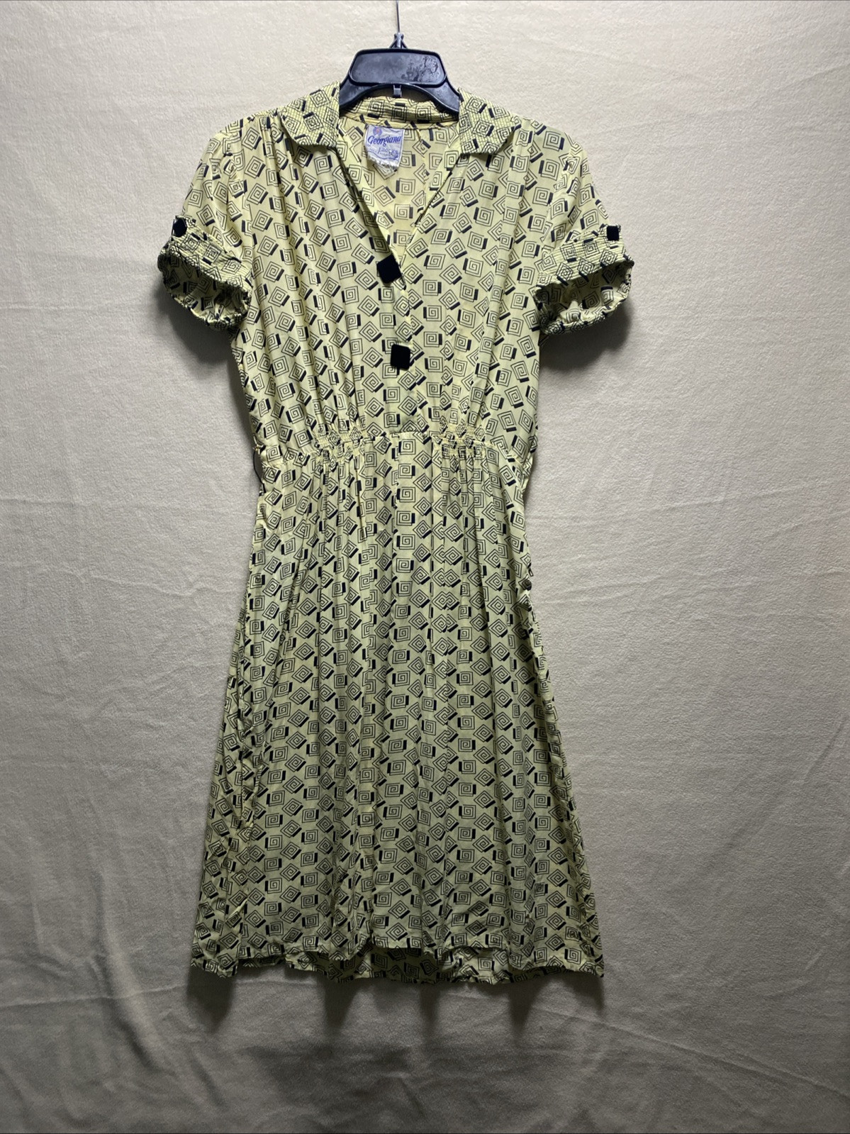 VTG 40’s GEORGIANA Geometric Print Size 14 Day Dress Zipper Snap Button *READ*