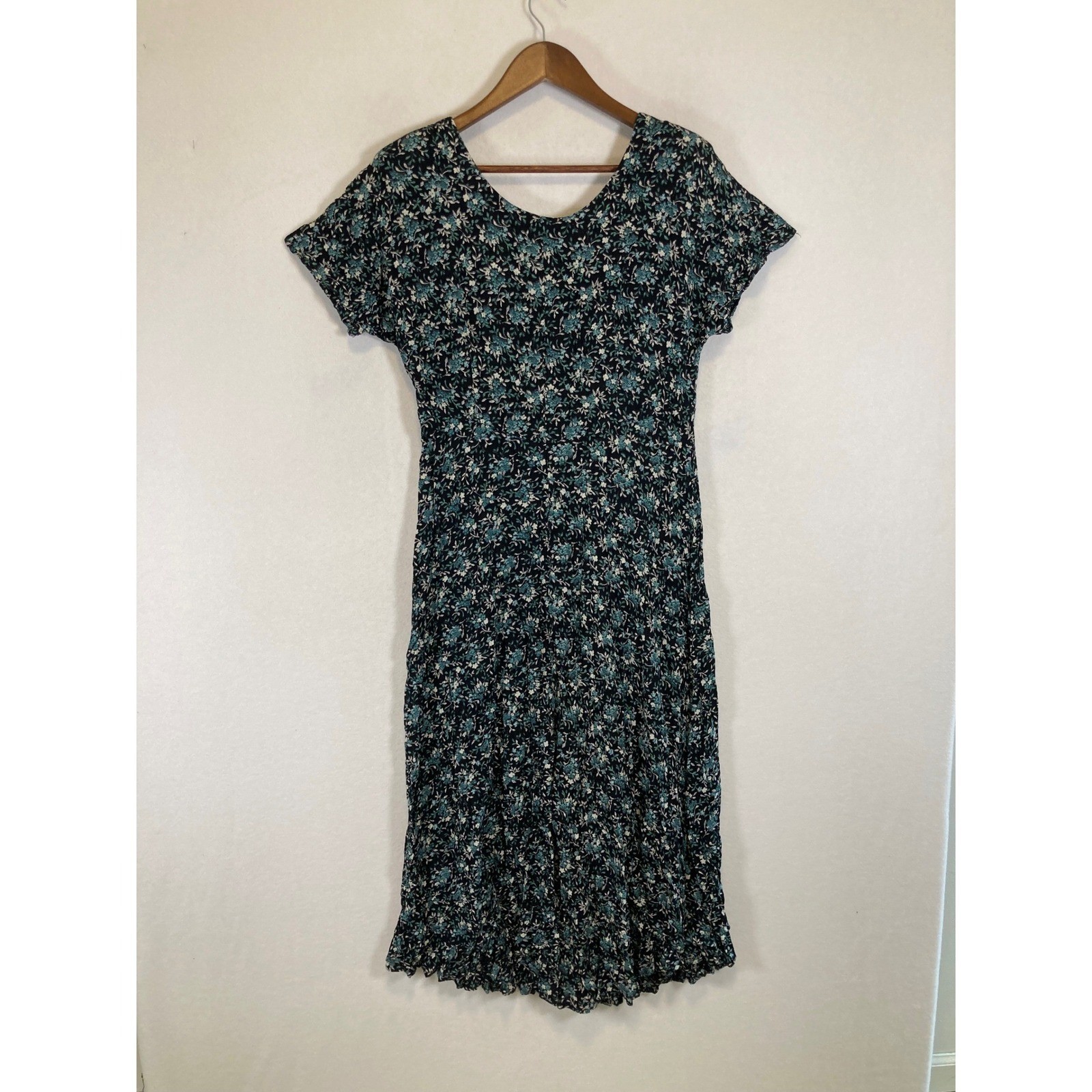 90s Cottagecore Rabbit Rabbit Rabbit Designs 12M Black Teal Floral Midi Dress