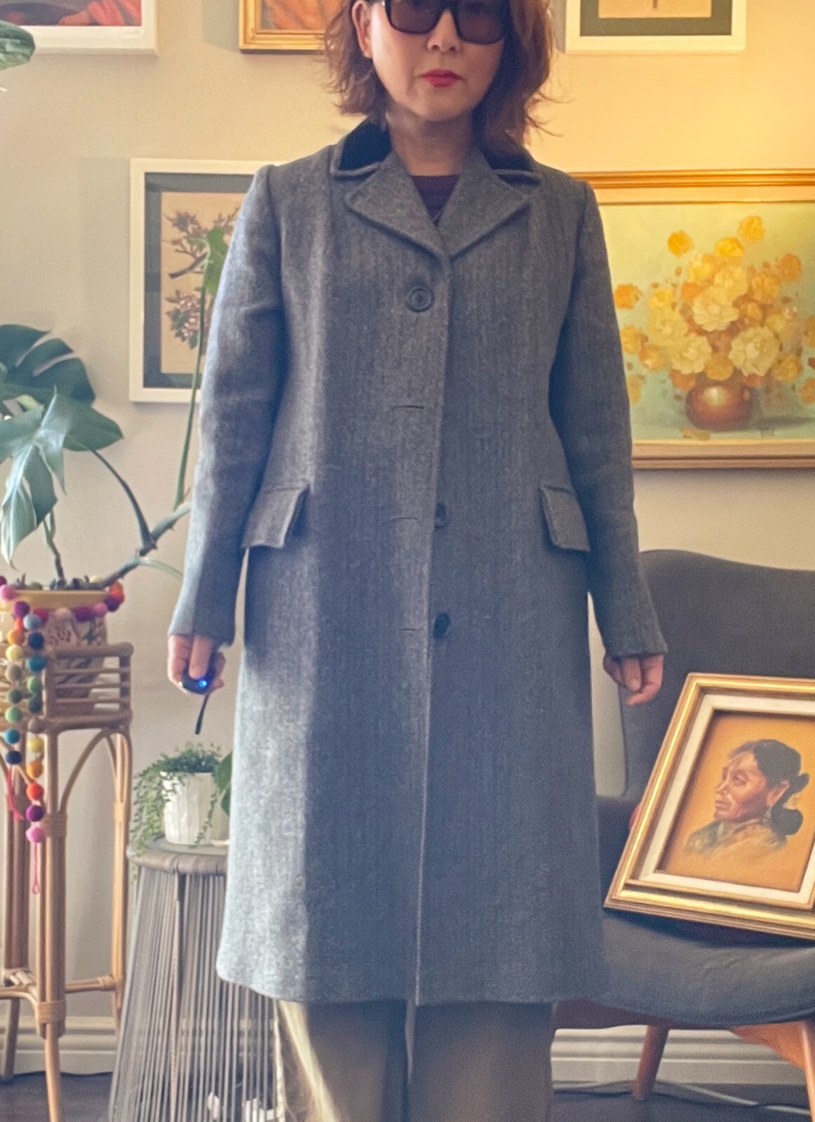 Vintage 1990s Black Herringbone Coat with Black Velvet Trim Collar Size Small