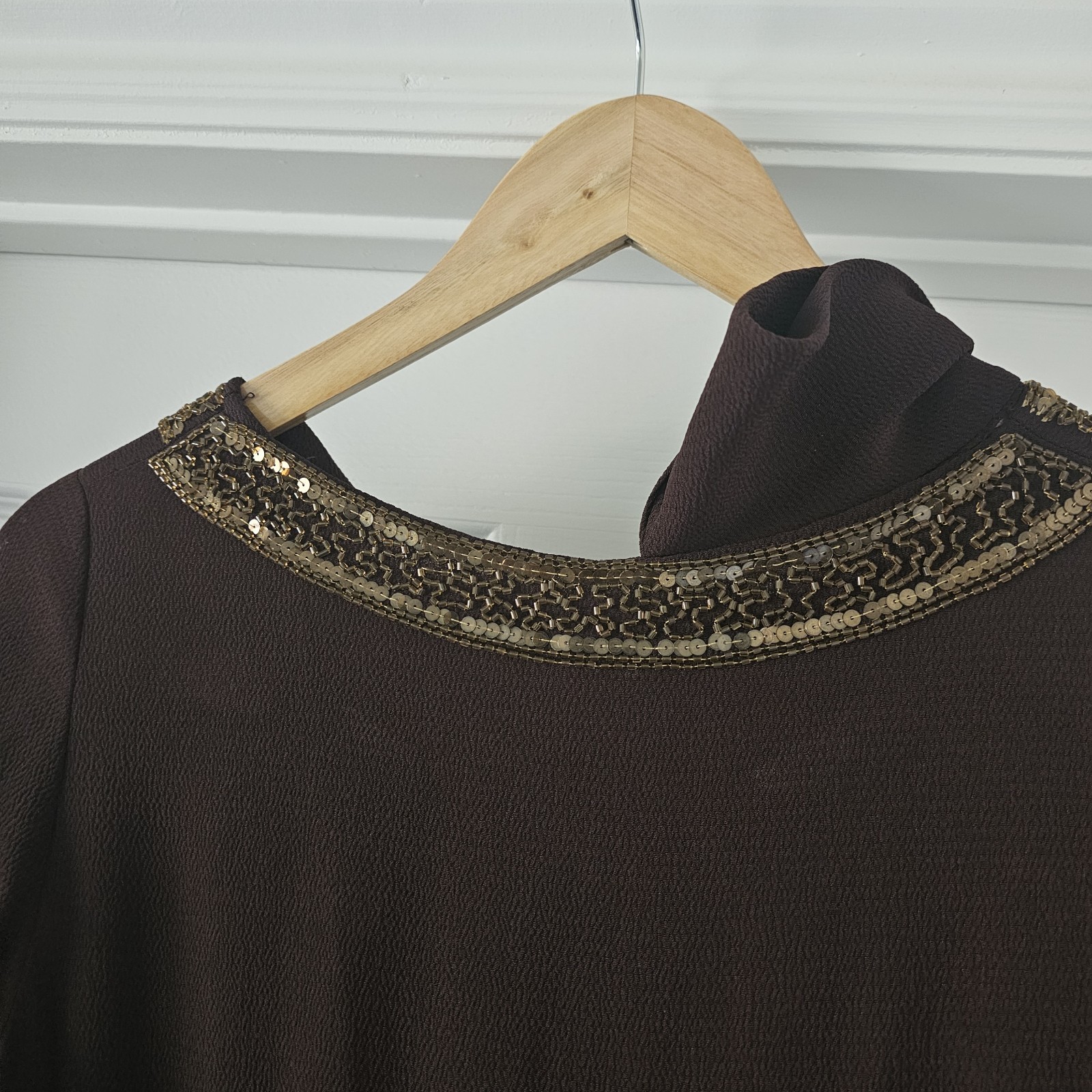 1930s Vintage Blue Eagle Brown Rayon Crepe Peplum Gold Beaded Dress Belt Set #90