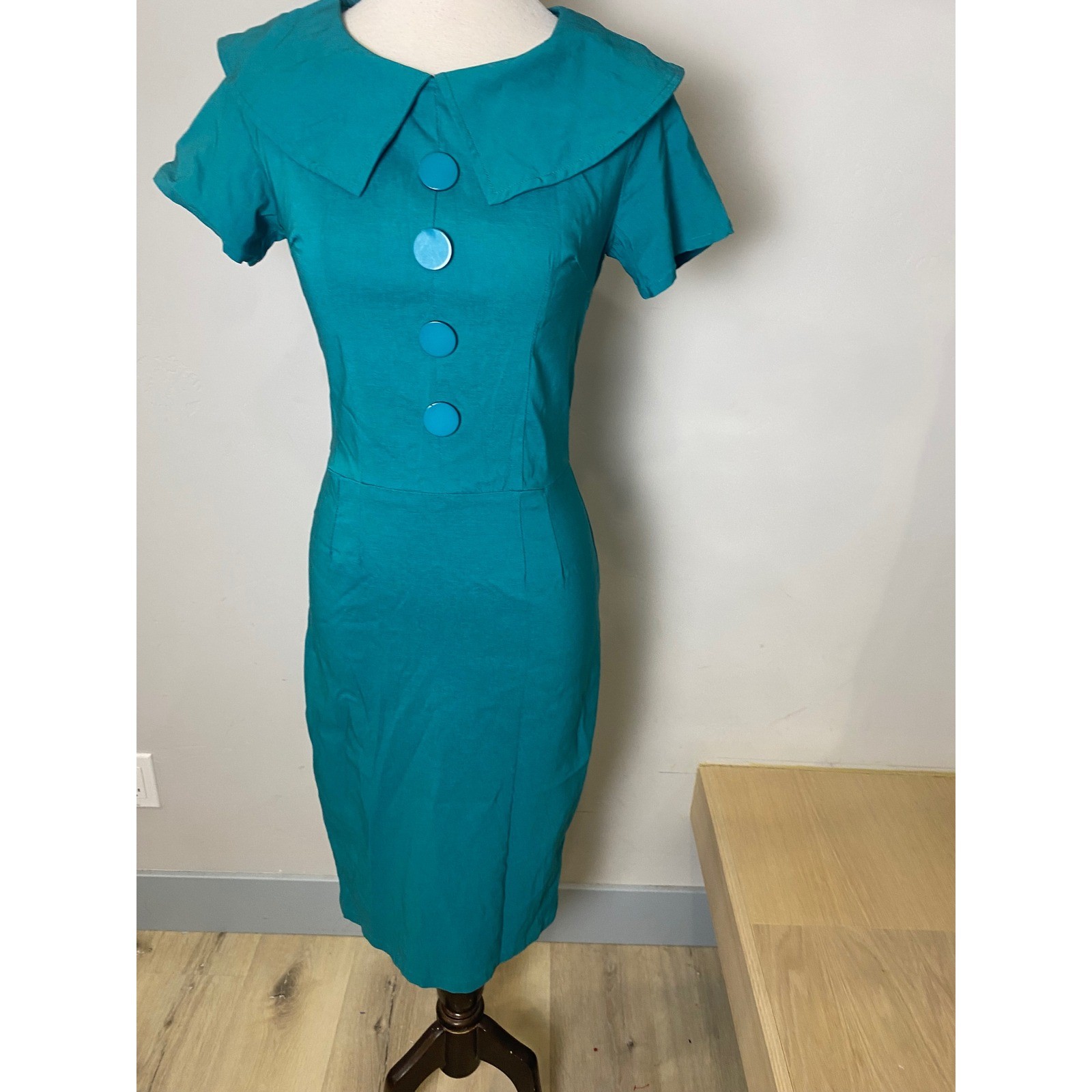 Bettie Page Las Vegas Vintage 60s Style Teal Wiggle Pencil Dress Turquoise S