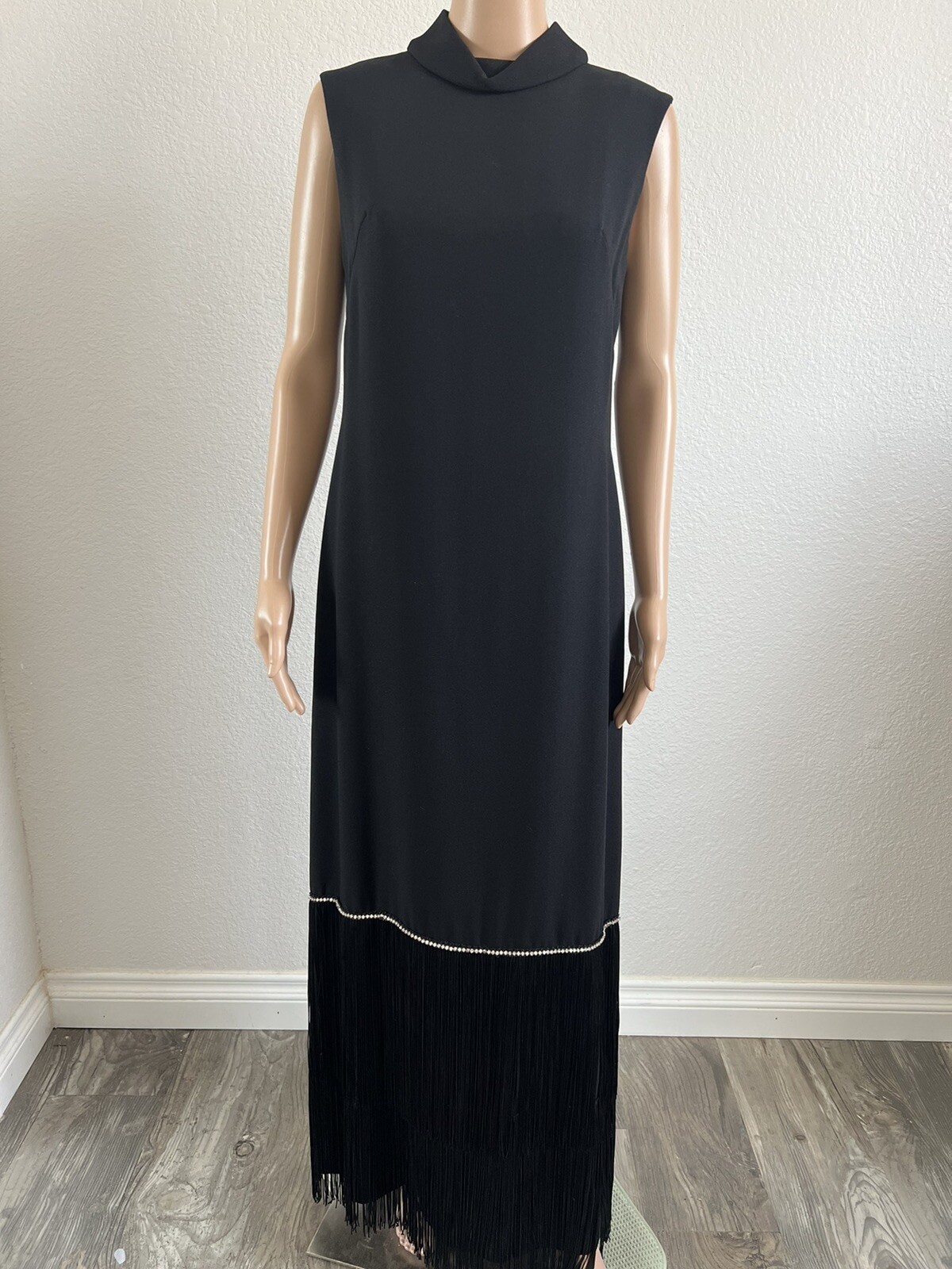 VTG 1960s Pavillon Design Black Evening Gown Maxi Dress Fringe & Rhinestones M*