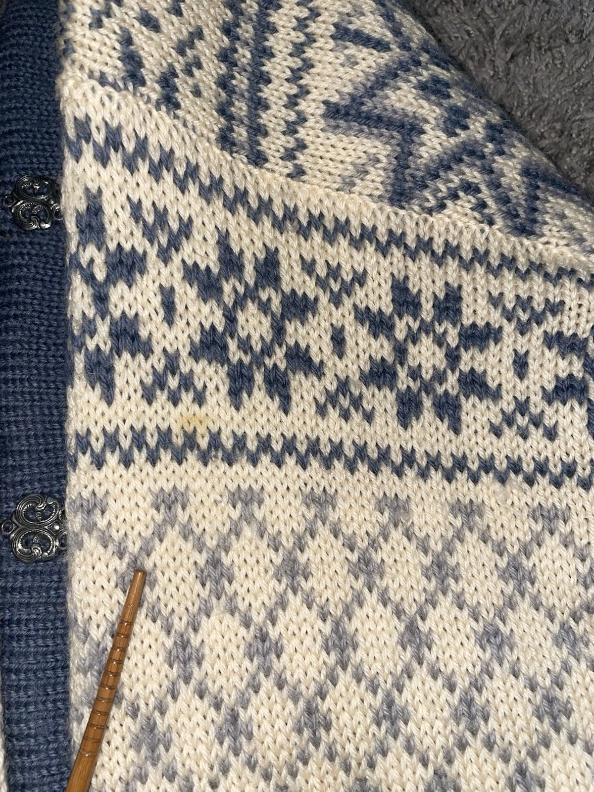 DALE Of NORWAY Clasp Cardigan Sweater Nordic Snowflake Olympia Pattern Blue