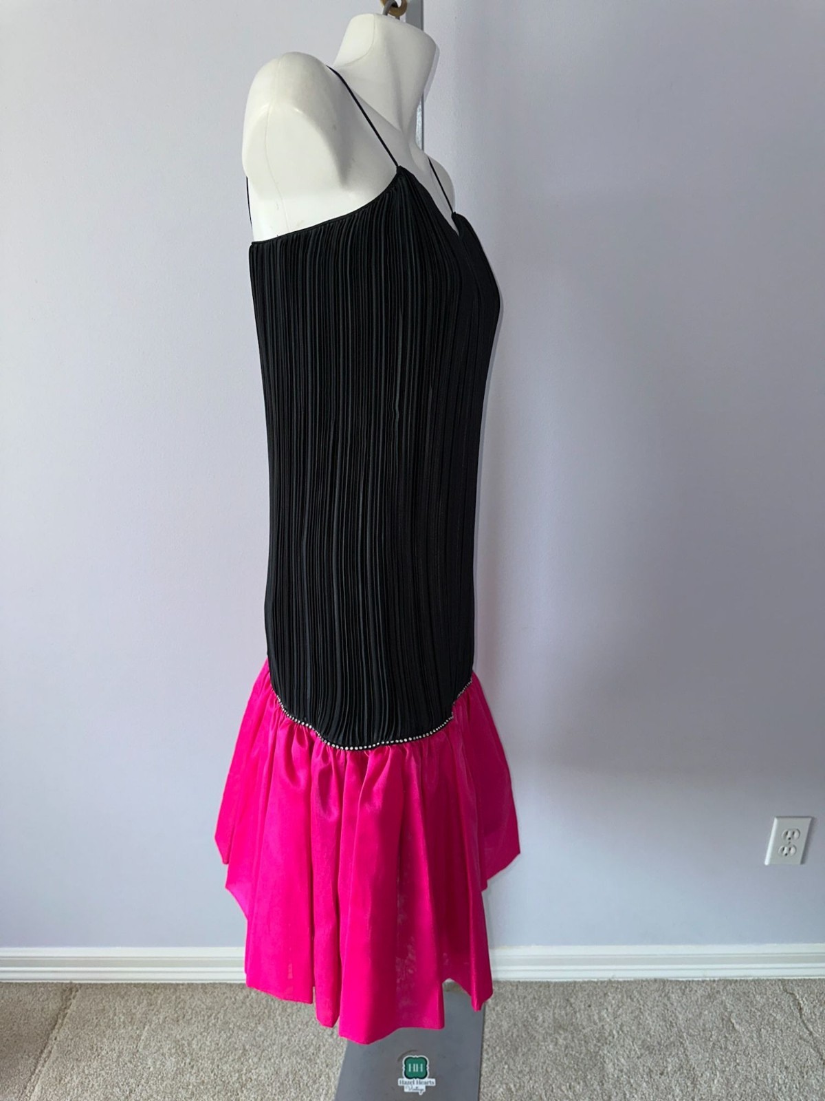 Vintage 80s Maximalist Hot Pink Black Micro Pleat Drop Waist Cocktail Dress Sz 8