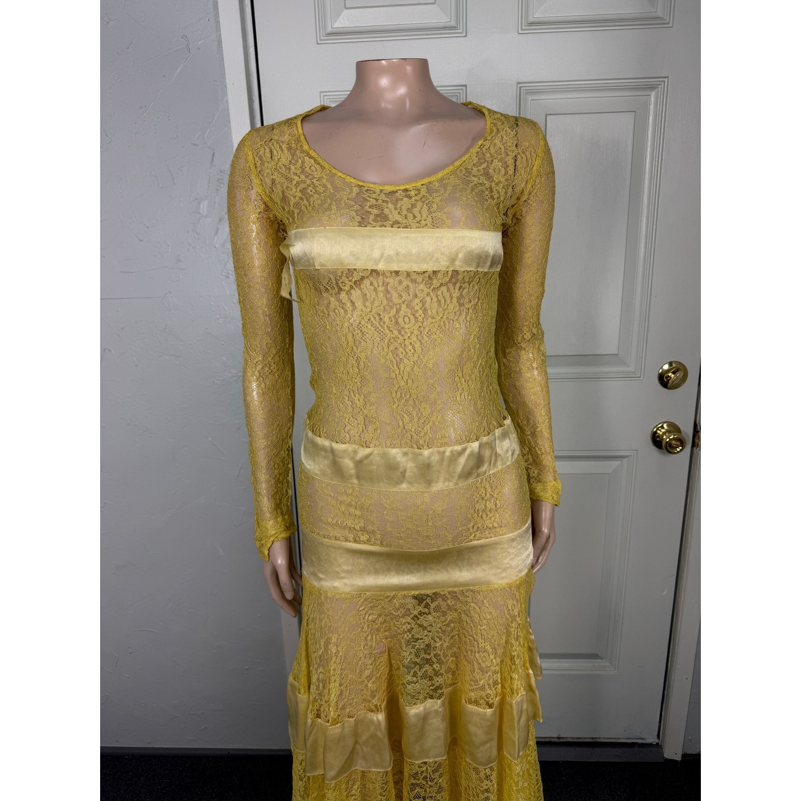 Vintage 1930s Silk Lace Dress Floral Sheer Maxi Long Sleeve Tiered Pullover N21